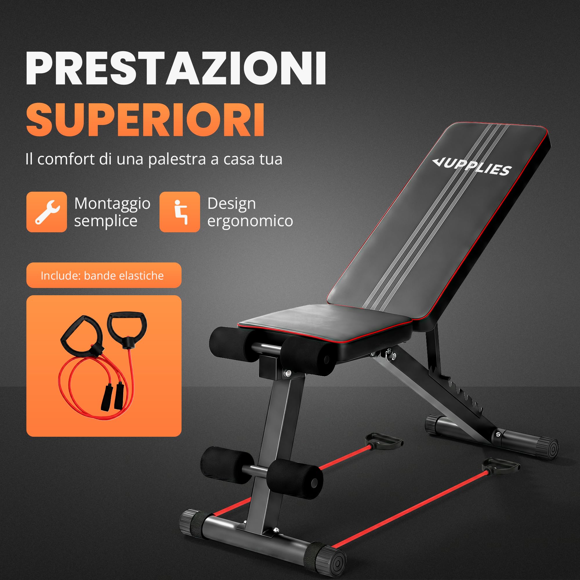 JUPPLIES Panca Pesi Pieghevole Multifunzionale 7 Posizioni | Inclinabile fino a 90° | Capacità 250kg | 2 Bande di Resistenza Incluse | Panca Palestra Casa
