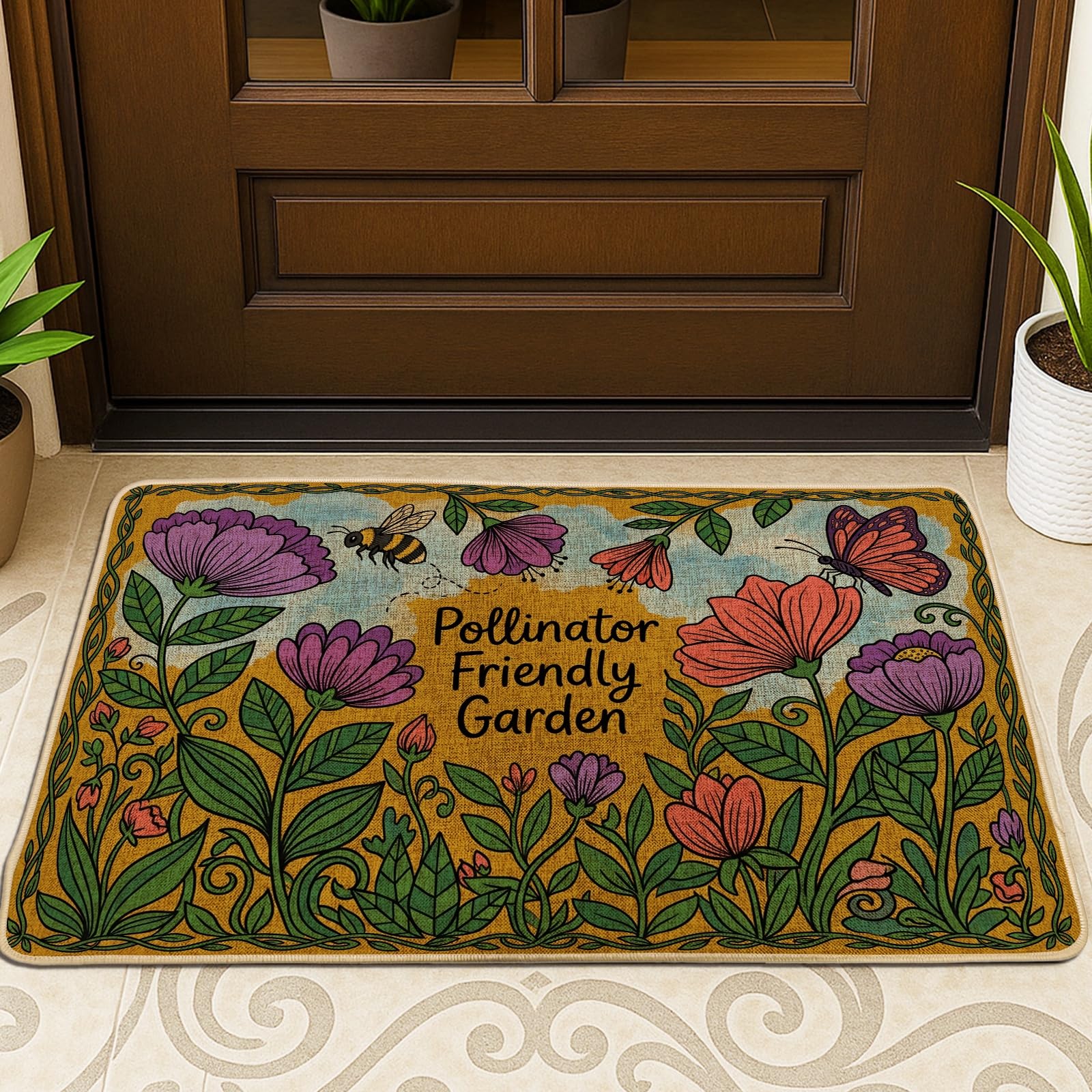 Paillasson botanique abeille papillon vert lavable 74x43 cm