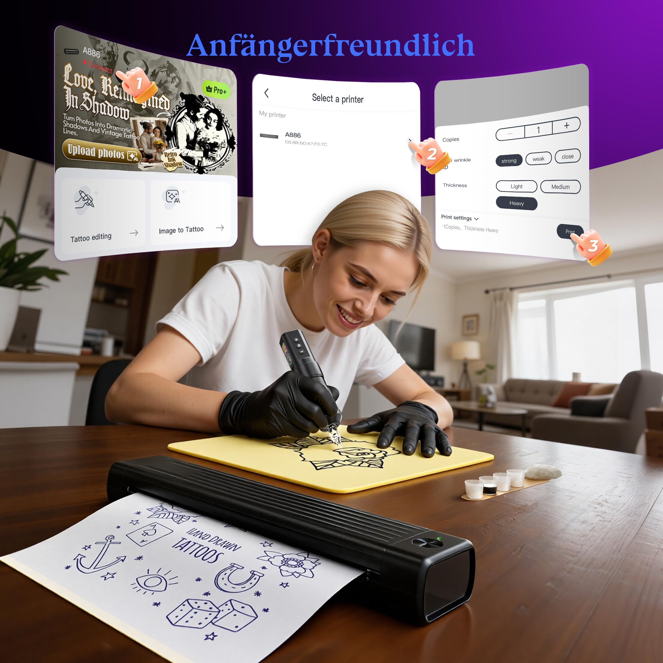 Itari A886 Tattoo Stencil Drucker Bluetooth, Schablone Drucker Übertragungskits Kompatibel mit Smartphone & PC, Thermodrucker Tattoo Maschine mit 10 Blätter Papier für Anfänger und Künstler, Schwarz