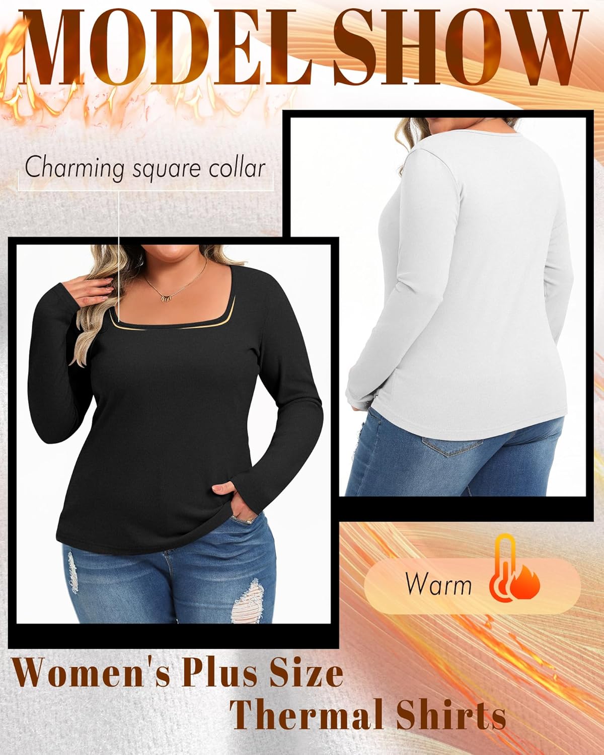 3 Pack Women's Plus Size Thermal Shirts Fleece Lined Long Sleeve Square Neck Slim Tops Underwear Base Layer Winter - Image 5