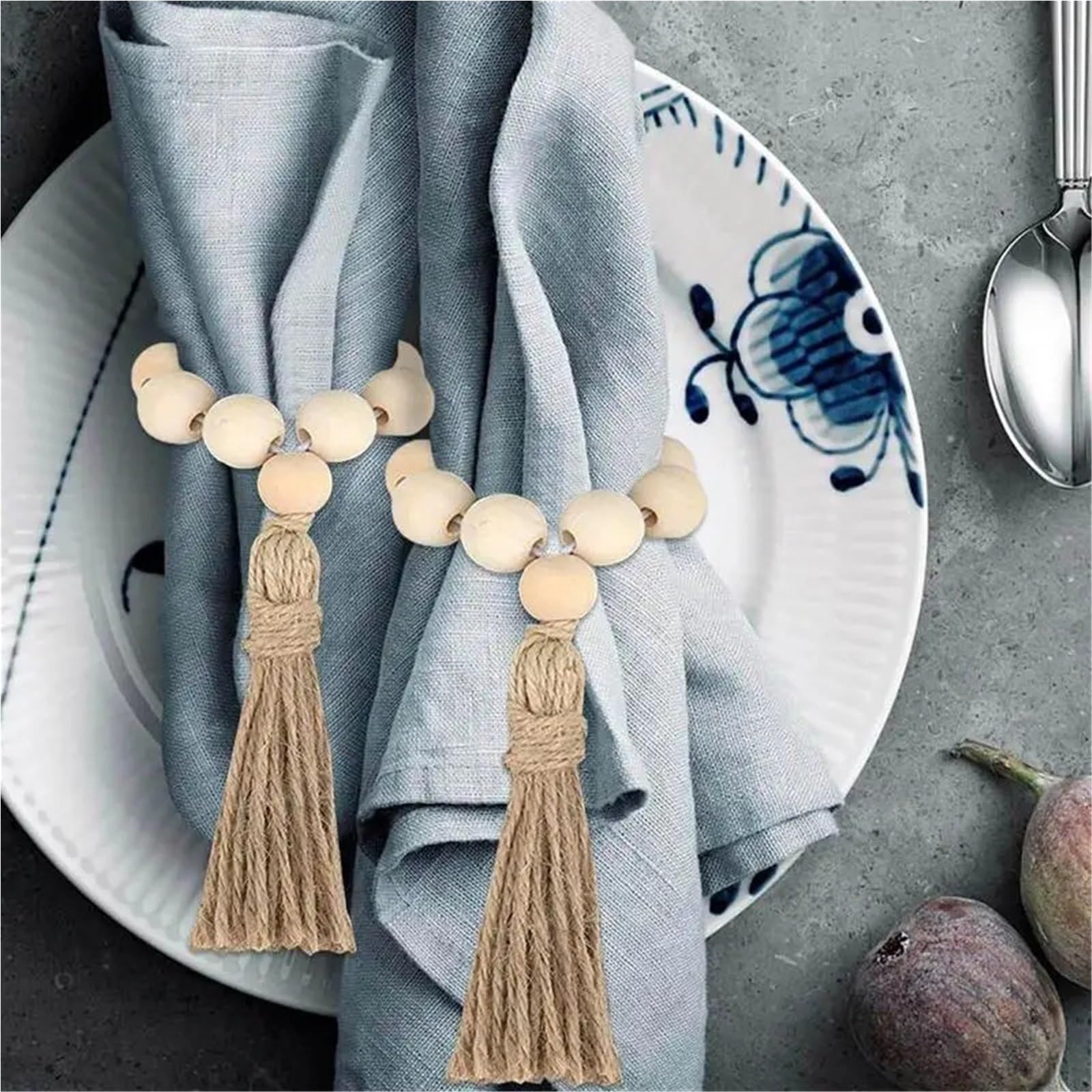 Portatovaglioli 30PCS perline di legno anelli portatovaglioli ghirlanda con nappe perline fattoria rustico tavolo rustico portatovaglioli matrimonio casa boho Decor
