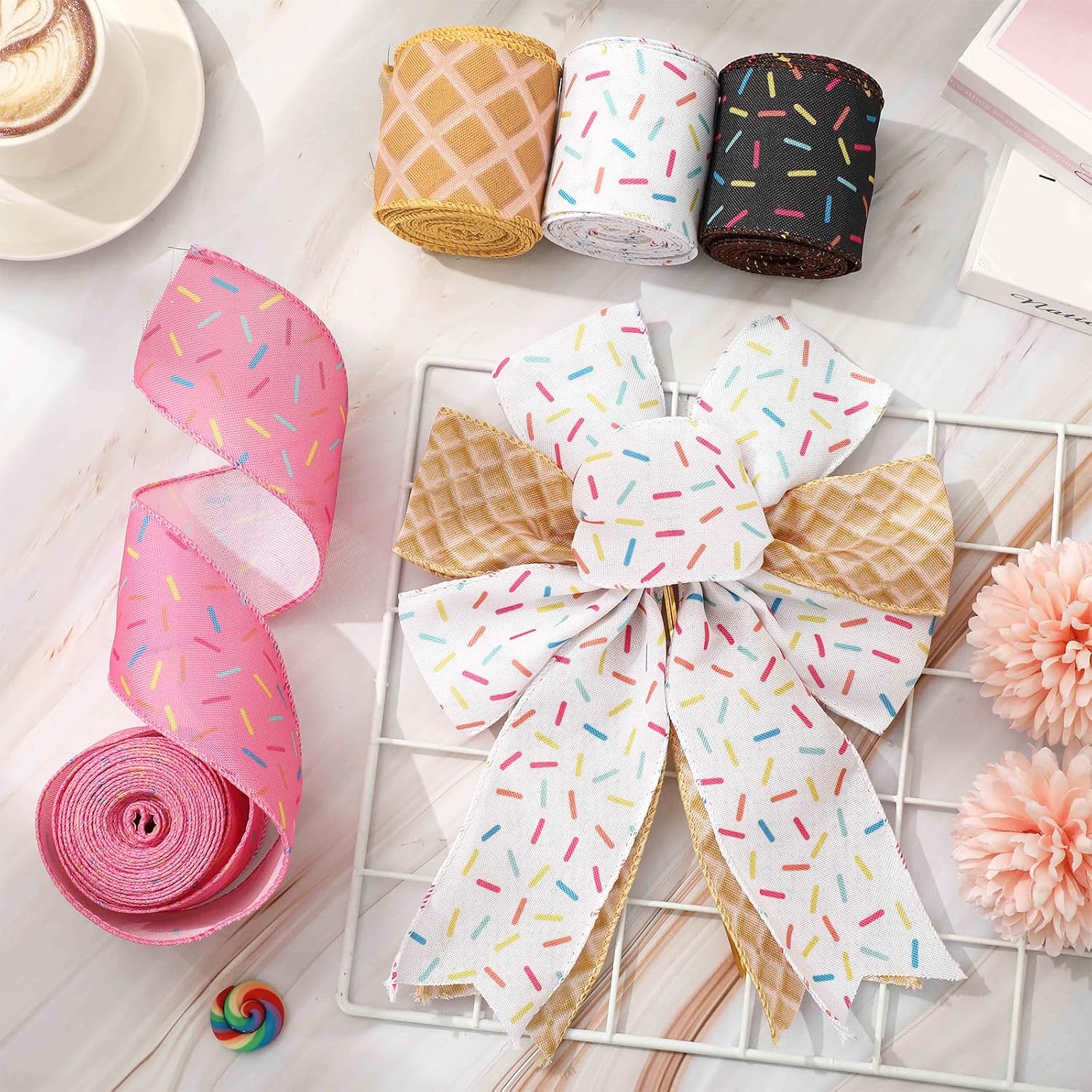 JarThenaAMCS Sprinkle Ice Cream Wired Edge Ribbons Summer Colorful Fabric Wrapping Ribbons for Wreath Bow Making DIY Crafts Supplies, 4 Rolls, 24 Yard