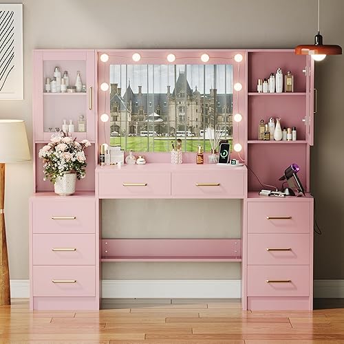 Miniatura 8 de Escritorio de maquillaje de 58.3 pulgadas con estación de carga, tocador de maquillaje rosa con espejo y luces, 3 modos de iluminación de brillo
