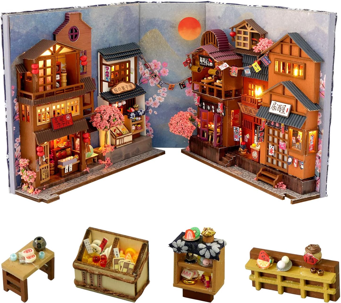 DIY Book Nook Model Kit, DIY Miniature Dolls House with Furniture, Model Kits for Adults to Build, Make Your Own Craft House Model Birthday Father's Day(Cherry Blossom Alley)