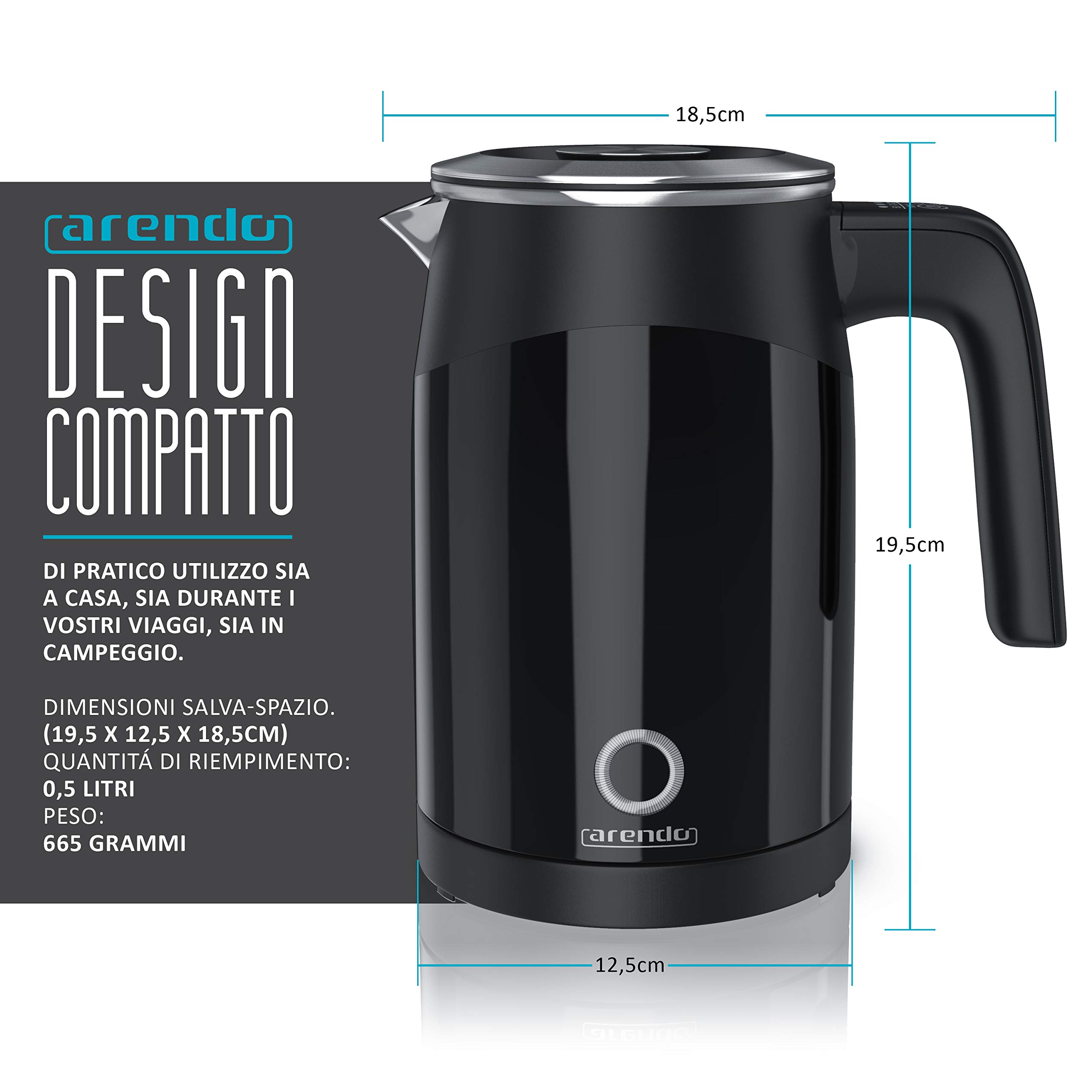Arendo - Bollitore elettrico da mezzo litro modello Single - Mini bollitore - Capacità 0,5l - 5 livelli di temperatura regolabili - Doppia parete - Maneggevole e compatto - Nero