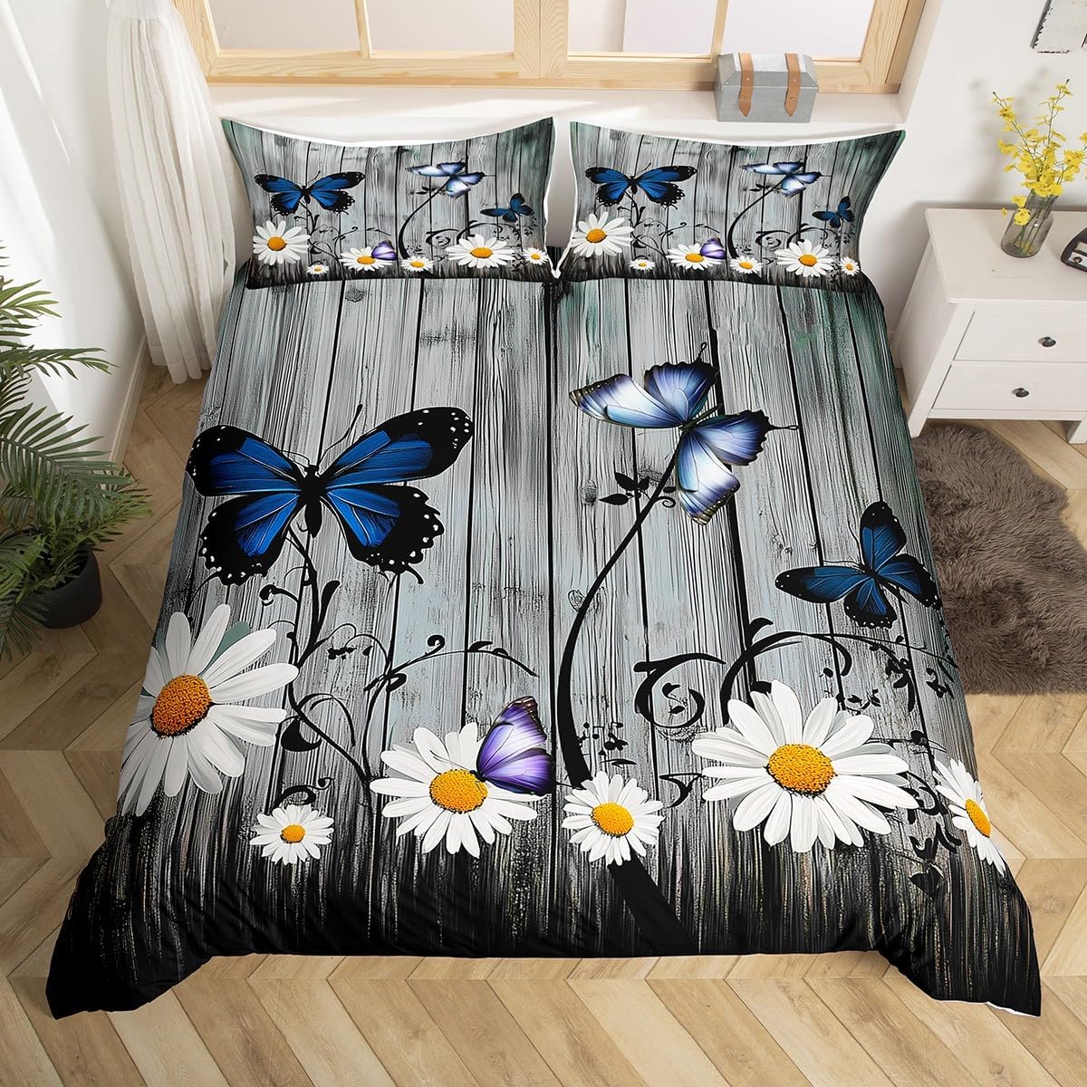 Erosebridal Dandelion Comforter Cover Queen, Kids Butterfly Duvet Cover, Dandelions in Countryside Bedding Set for Women Teens Adult Bedroom Decor, Farmhouse Rustic Soft Bed Sets with Corner Ties