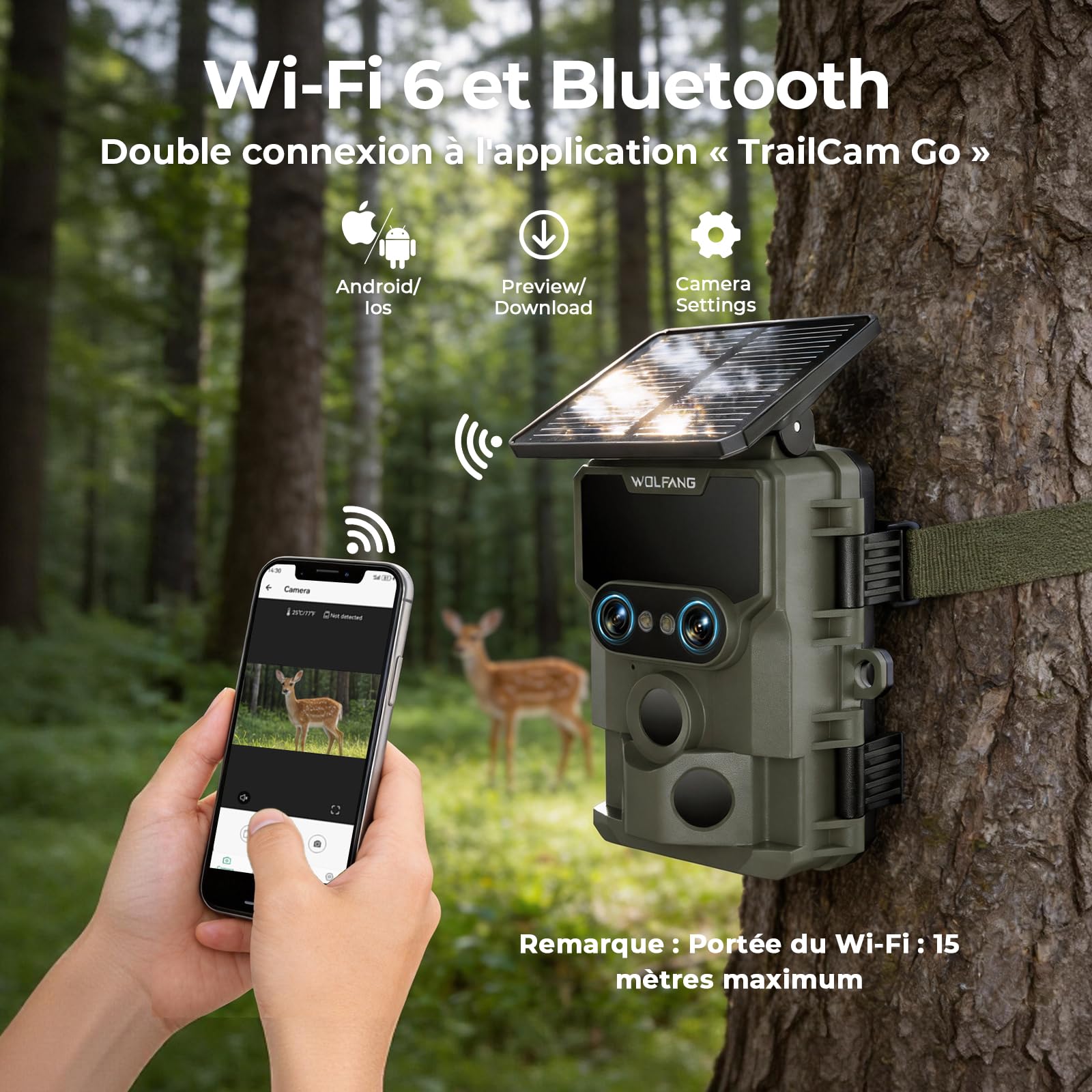 WOLFANG Caméra de Chasse, Double Objectif Caméra Chasse Solaire WiFi 4K/64MP, Détecteur de Mouvement de 0,1s, avec App, 5000mAh Batterie, Vision Nocturne étoilée, IP66 Étanche