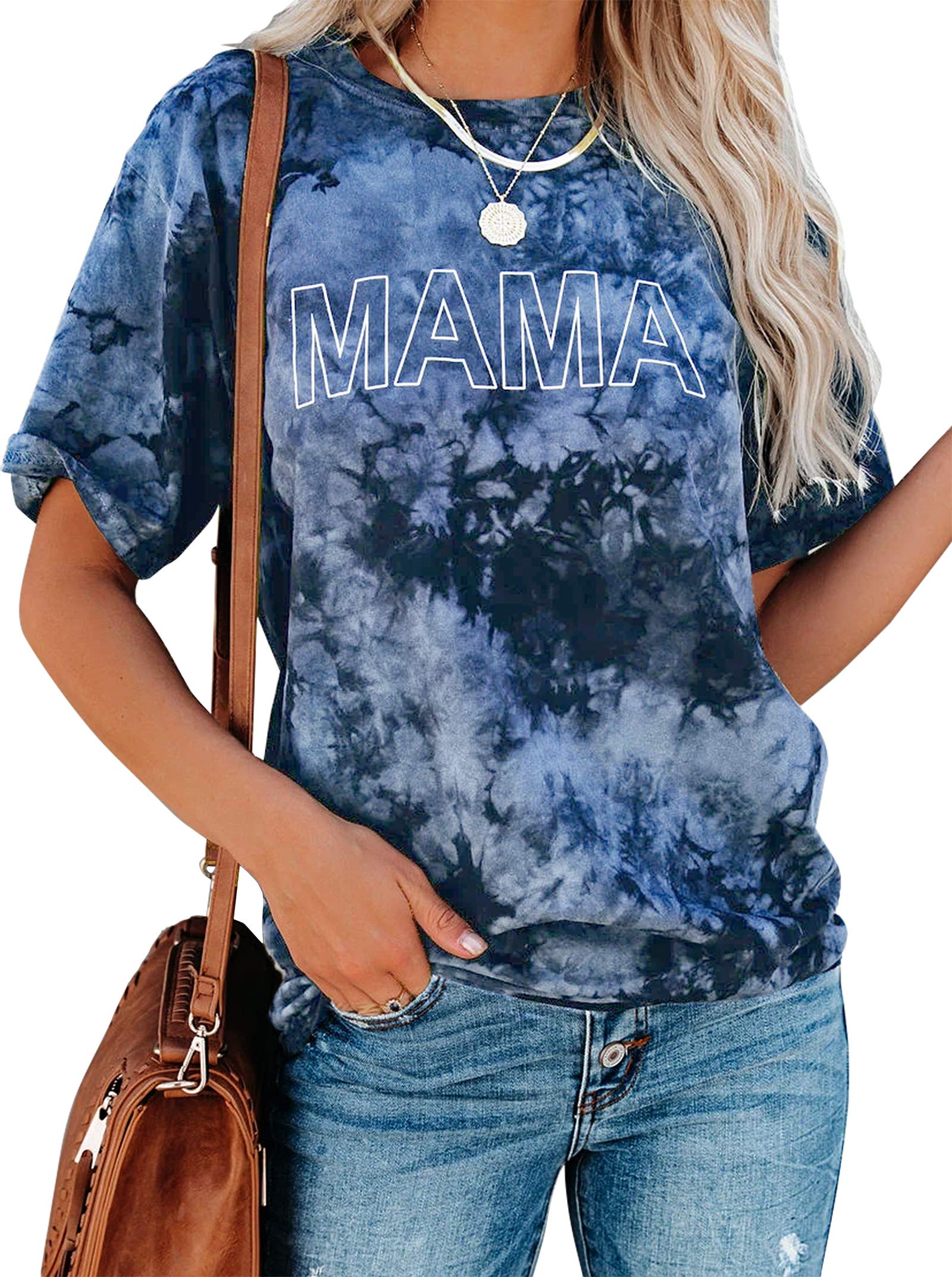 Mama Tie-Dye Shirts for Women: Funny Mama Letter Printed T-Shrit Mom Life Tops Mother's Day Short Sleeve Tops