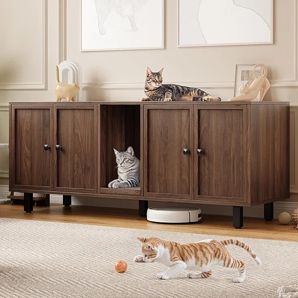 59 Inches Cat Litter Box Enclosure for 2 Cats, Hidden Litter Boxes Furniture with Cat Scratch Pad, Large Indoor Pet House with Double Room, Wooden TV Stand Side Table, Walnut