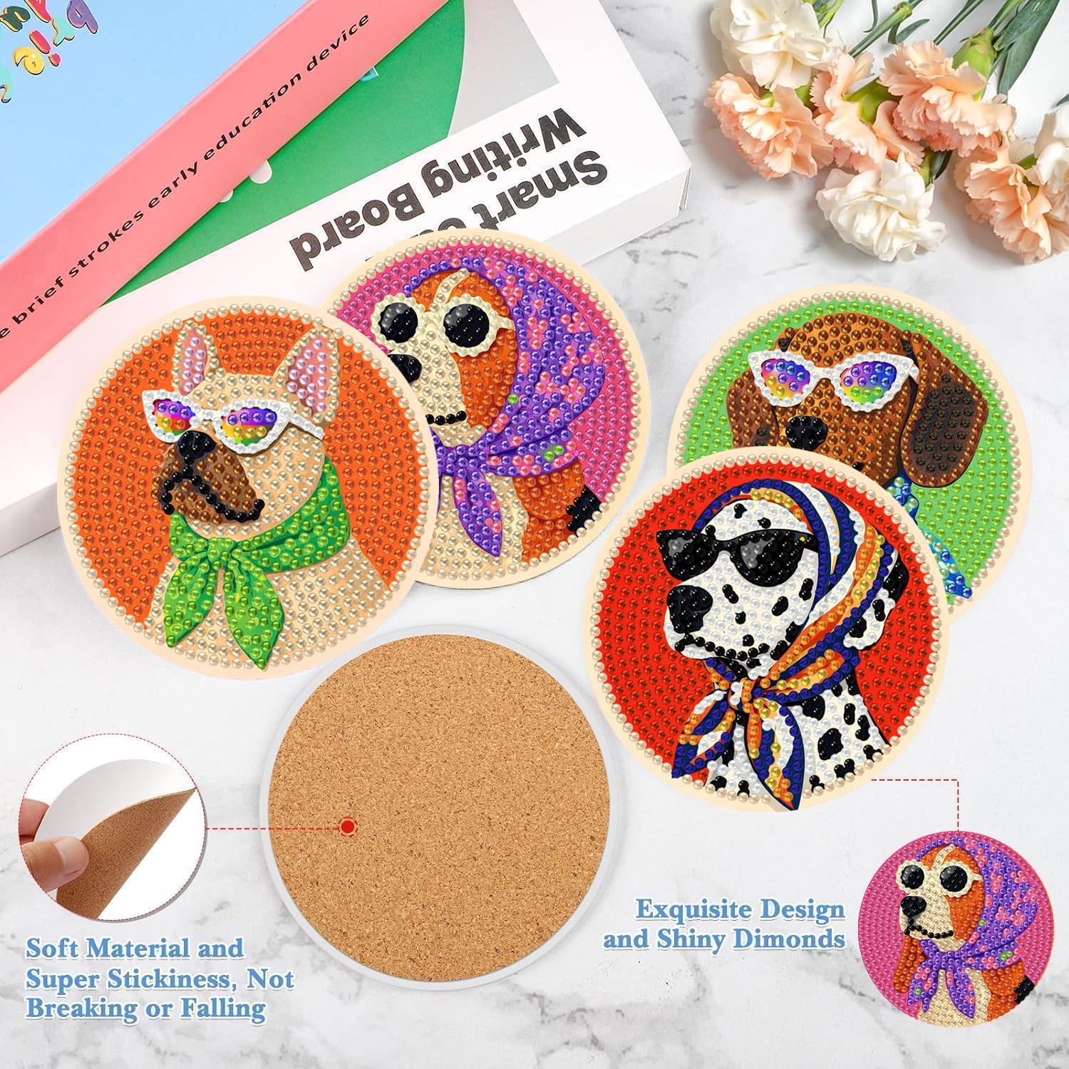 Puraikcmi 6pcs DIY Diamond Painting Kits Coasters with Holder, Diamond Art Coasters by Number for Kids and Adults Full Drill Round Mosaic Stitch Art Craft Supplies (Dog2)