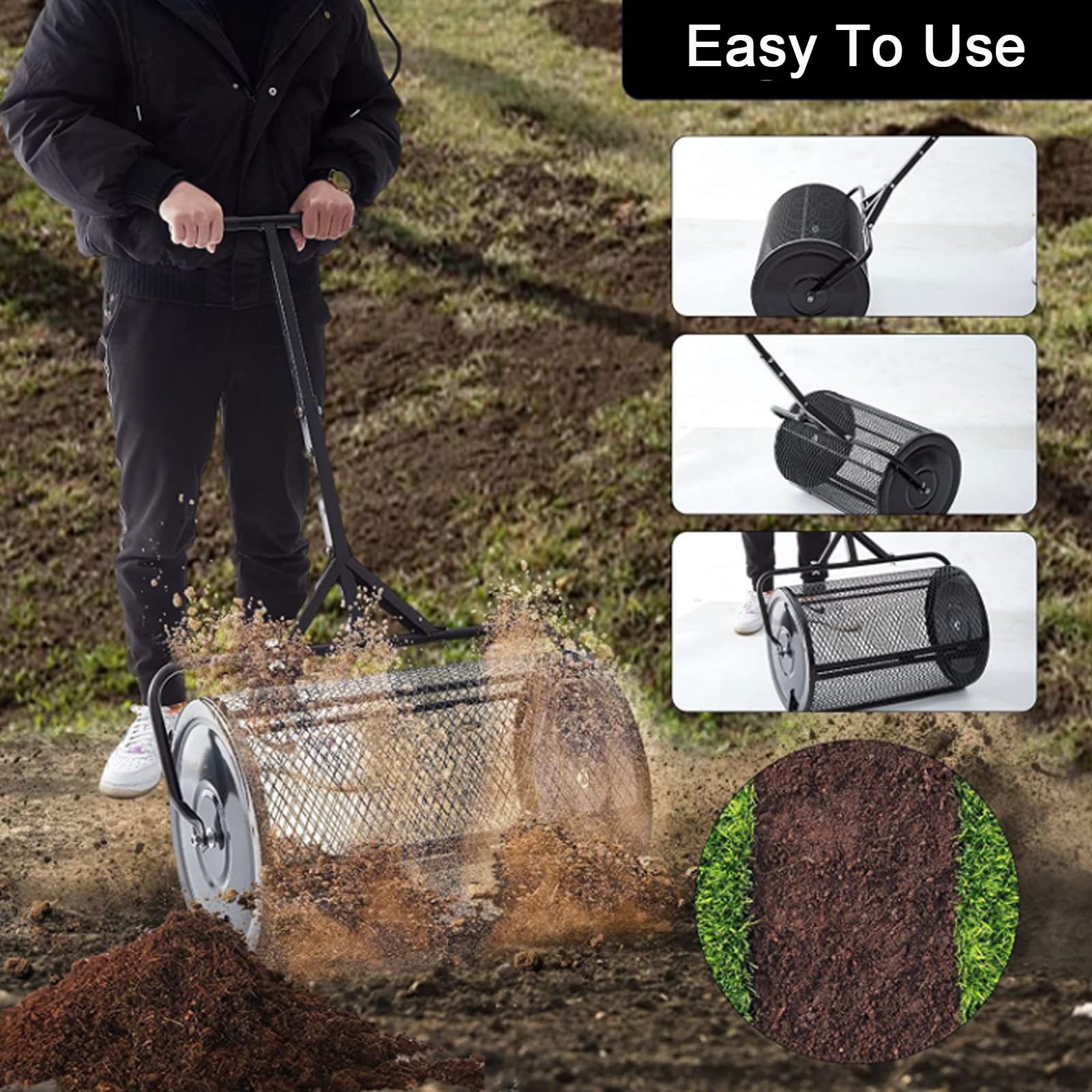 Épandeur de compost, rouleau à gazon, épandeur de fumier avec poignée en T améliorée, épandeur de terre végétale pour l'entretien de la pelouse et du jardin, épandeur de fumier à rouleau, noir