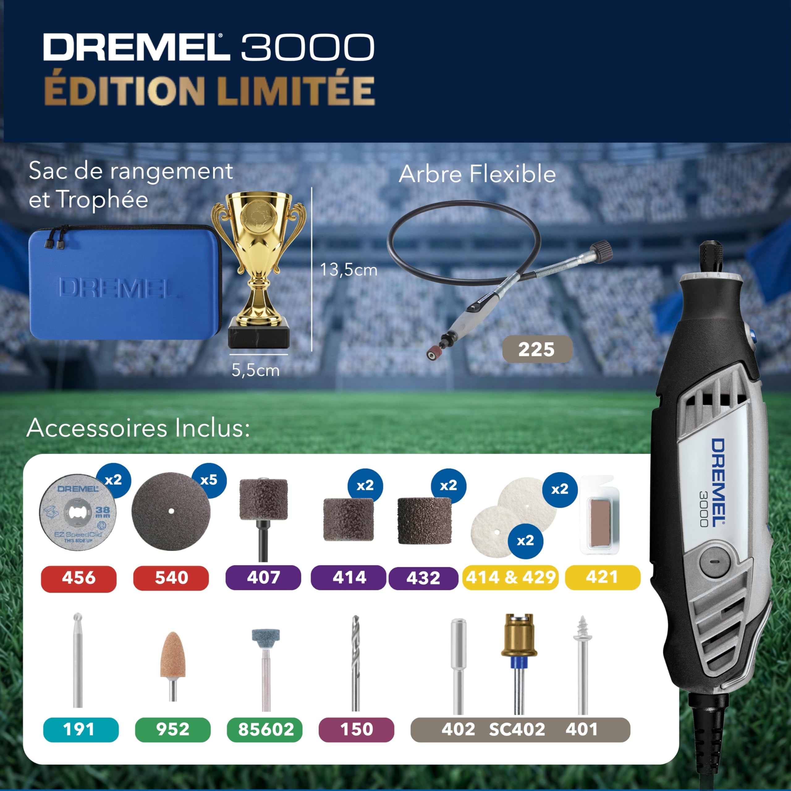 Dremel 3000 Champion Outil Rotatif Moteur 130W, 33 000 Tr/Min avec 25 Accessoires, Trophée Gravable, Sac De Rangement, Arbre Flexible Pour Découpe, Sculpture, Ponçage, Perçage – Édition Limitée