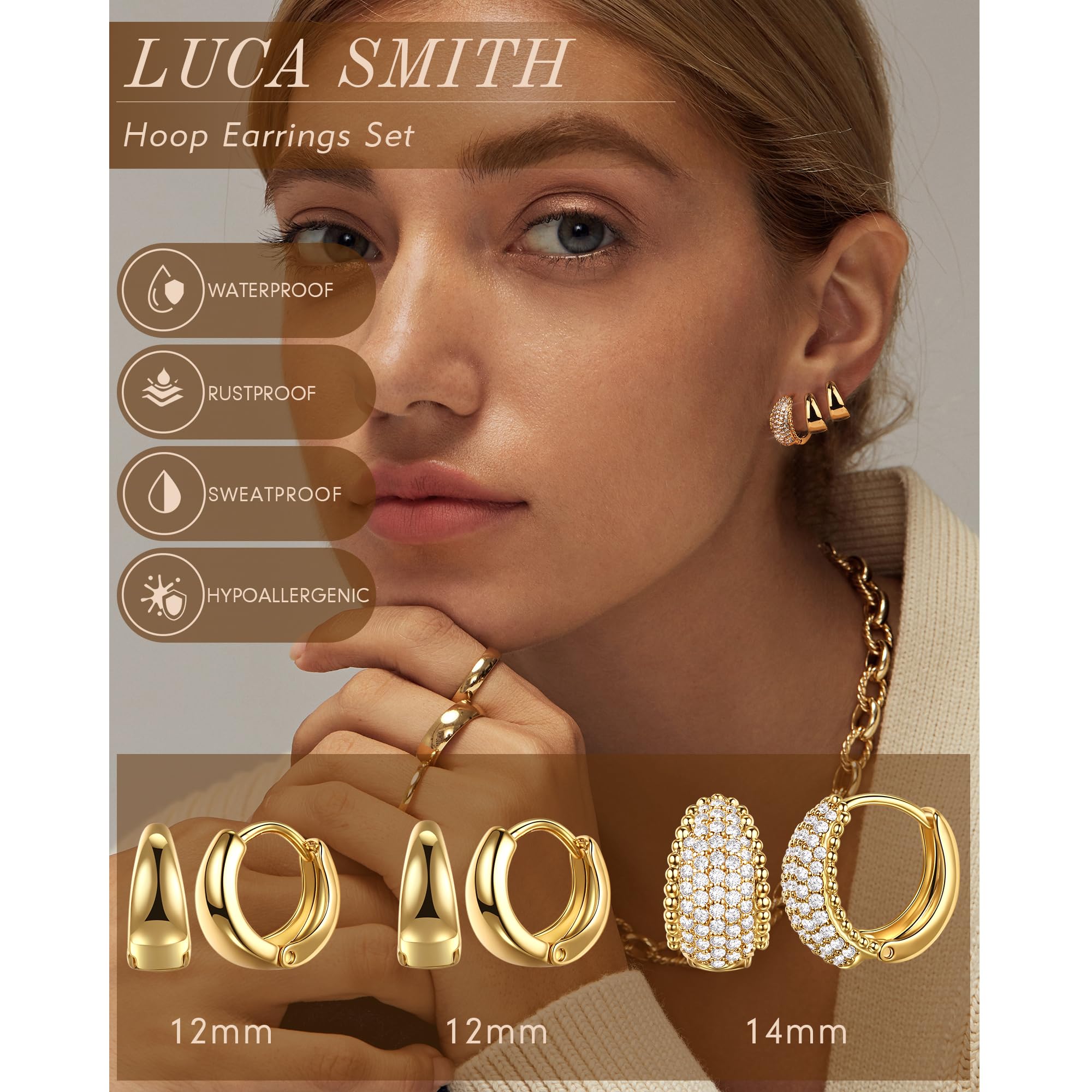 3-teiliges goldfarbenes Creolen-Ohrring-Set, stapelbar, kleine Huggie-Creolen und Ohrstecker, klobige Goldohrringe, hypoallergen, anlaufgeschützt, zierliches Schmuck-Geschenk-Set für Frauen