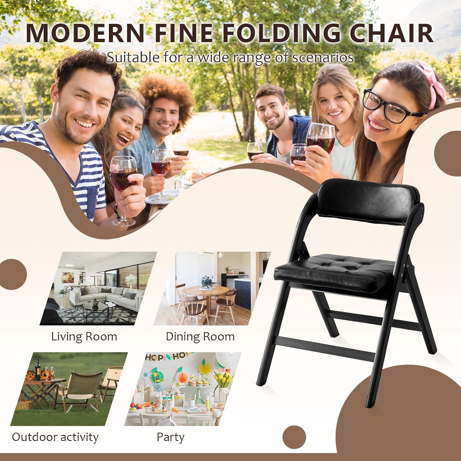 Wooden Folding Chairs Set of 2, Modern Folding Chairs with Padded Seats, Folding Dining Chairs, Padded Folding Chair for Party Chairs, Weddings, Picnics, Black