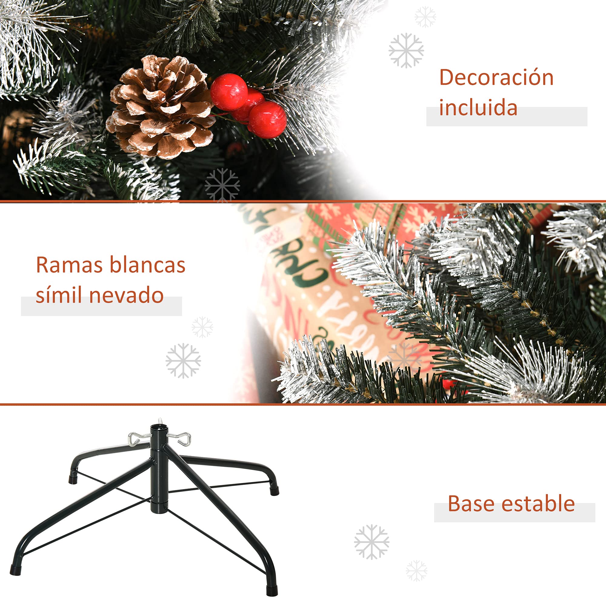 HOMCOM Árbol de Navidad Artificial 180 cm con 678 Ramas 53 Piñas Verde | 53 Bayas, Hojas de Plástico PE, Base de Soporte Plegable Metálica, Decoración Navideña para Interiores