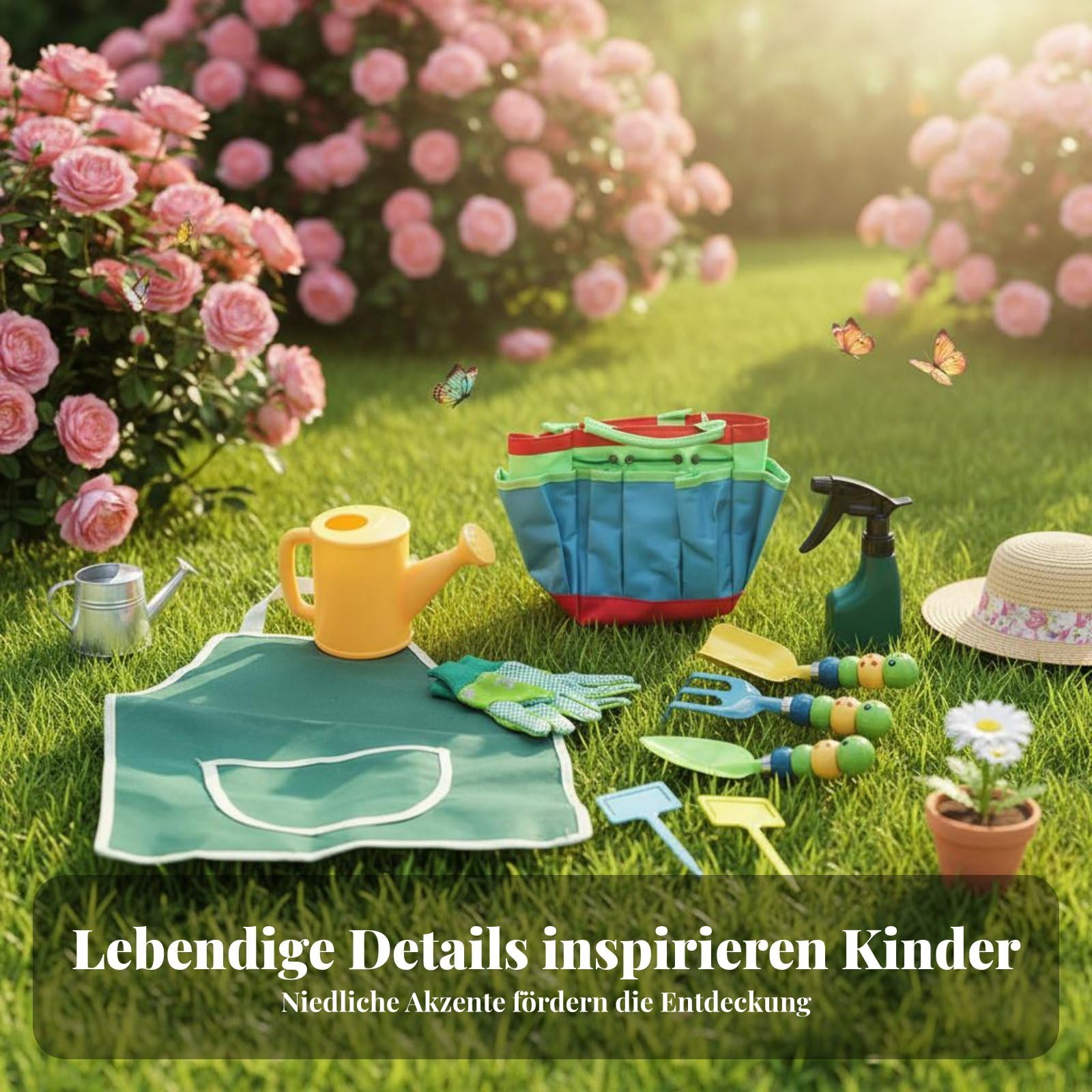 Kinder Gartenschaufel Set Gartenwerkzeug Set Schaufel Rechen Gießkanne Handschuhe Tasche Metallkopf Holzgriff Und Sicher für Gartenarbeit Strand Sandbox, Prince 10-Teilig