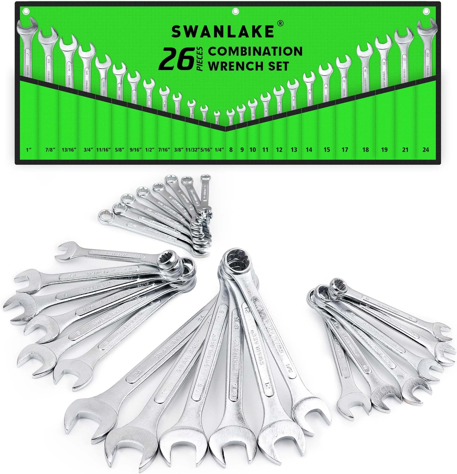 SWANLAKE GARDEN TOOLS26PCS Combination Wrench Set with Roll-up Pouch, Wrench Set Metric and Standard, SAE 1/4” - 1” and Metric 8mm - 24mm…
