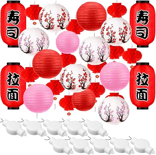 Tuanse 40 linternas de papel japonesas chinas decorativas LED con flor de cerezo rojo chino para interiores y exteriores (rojo, rosa)