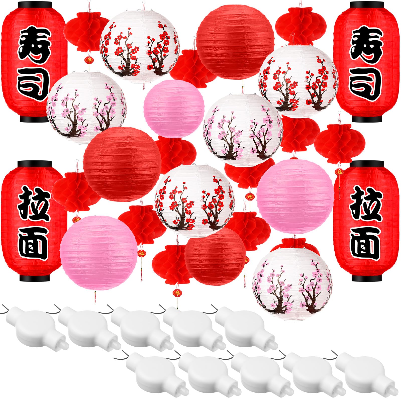 Tuanse 40 Pcs Decorations - Japanese & Chinese Lanterns, Cherry Blossom & Red Paper Lanterns, LED Lights (Red, Pink)