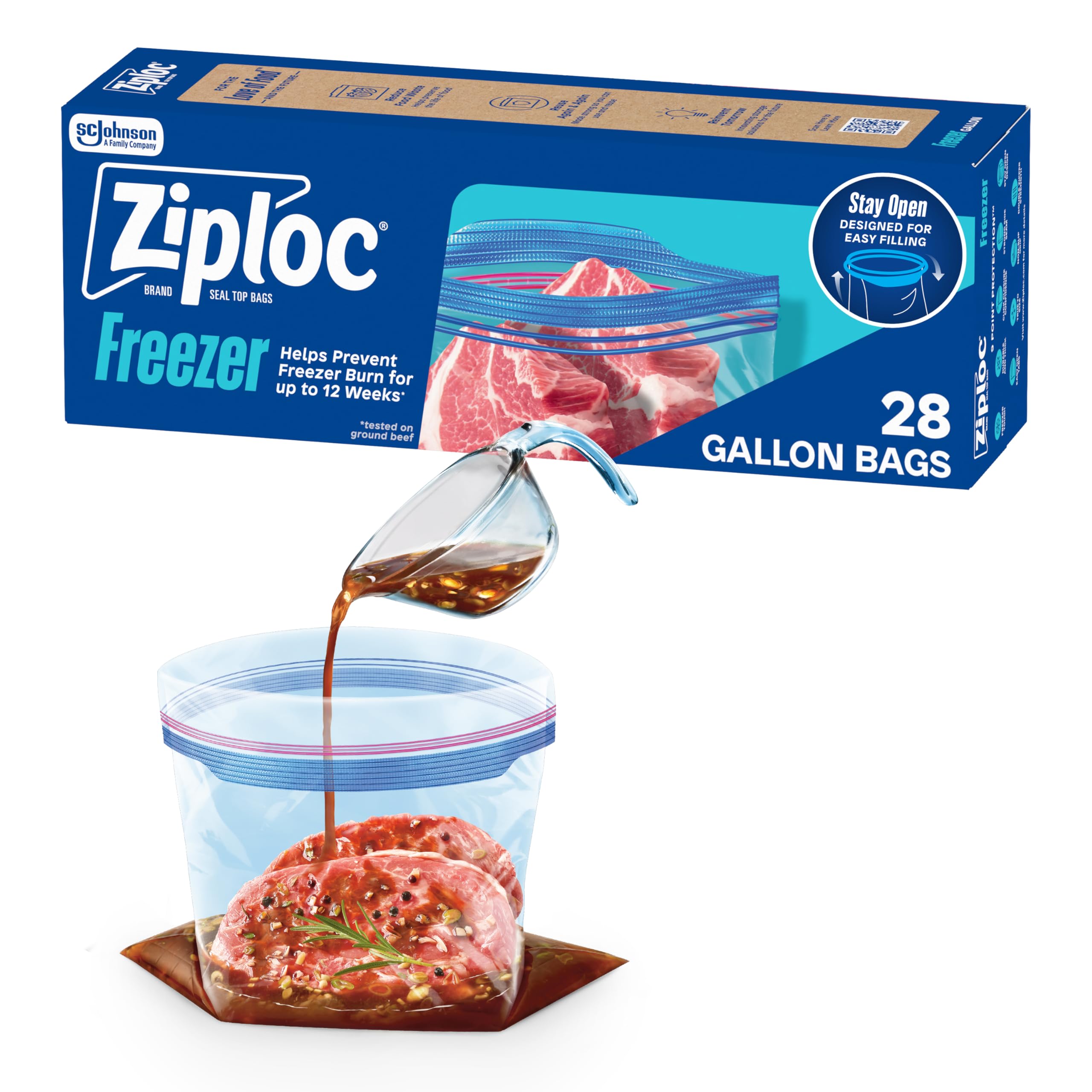 Ziploc Brand Gallon Freezer Storage Bags, Stay Open Design, Easy to Fill, 1 gal, 28 ct