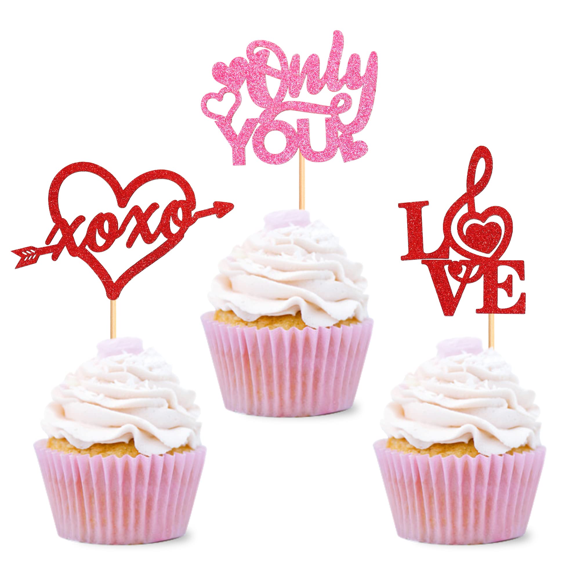 Blumomon 24Pcs Glitter Happy Valentine's Day Cupcake Toppers Love Heart Note Only You Cake Decorations for Sweet Love Wedding Engagement Valentine's Day Bridal Shower Party Cake Decors Red Pink