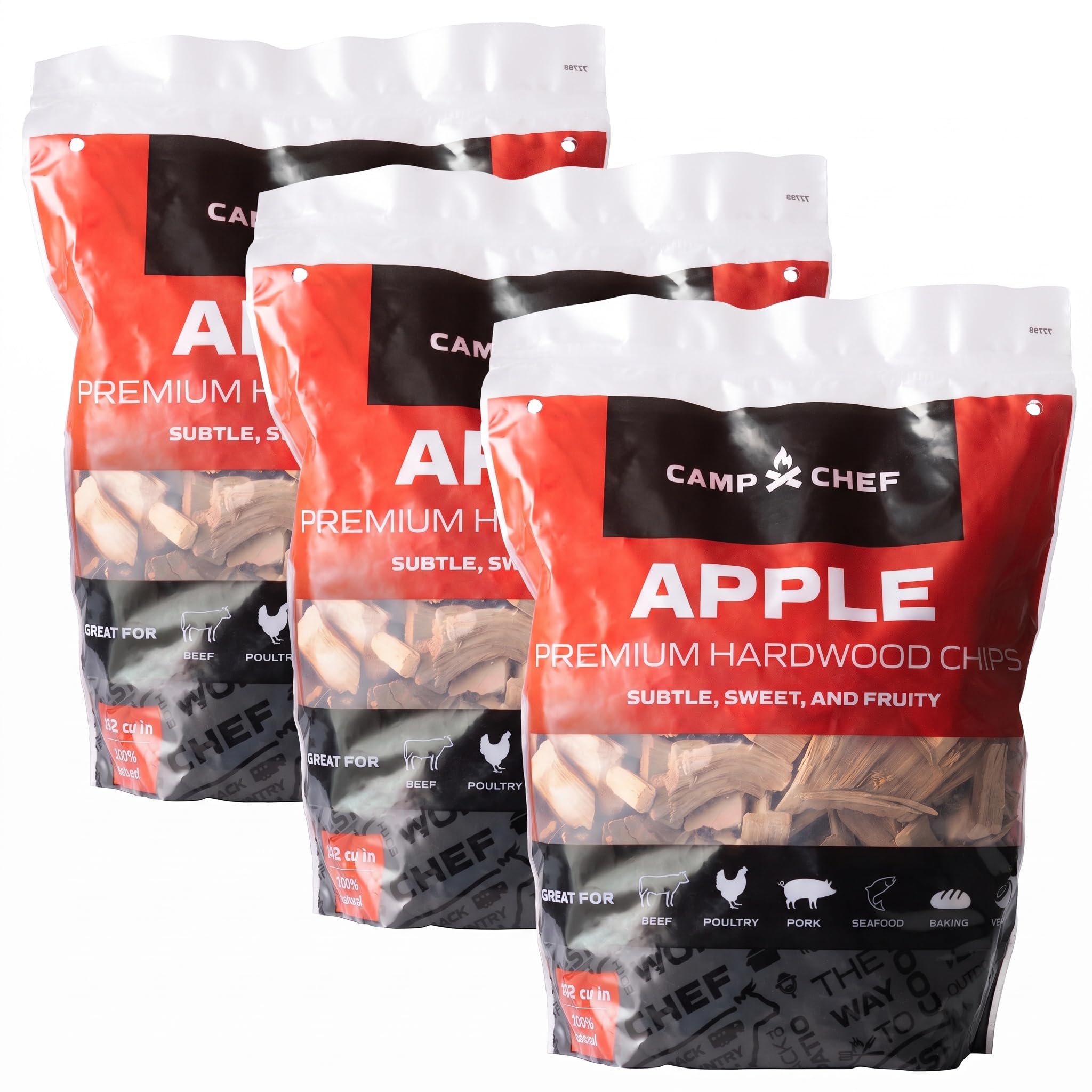 Camp Chef Premium Hardwood Chips - Wood Chips for Smoking &amp; Outdoor Grilling - Compatible with Pellet Grills, Smokers &amp; Barbecues - Made in The USA - Apple, 192 cu in (Pack of 3)