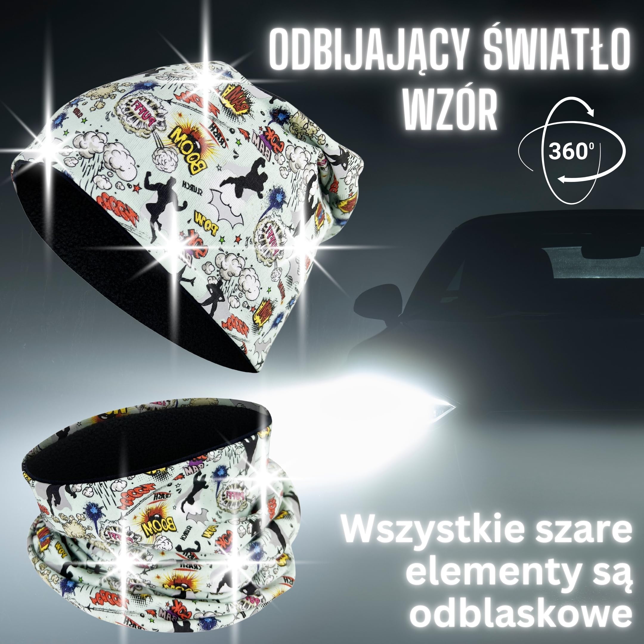 HECKBO 360° odblaskowa czapka dziecięca i komin 95% bawełna miękki stretch beanie na wiosnę jesień i zimę 48–54 cm