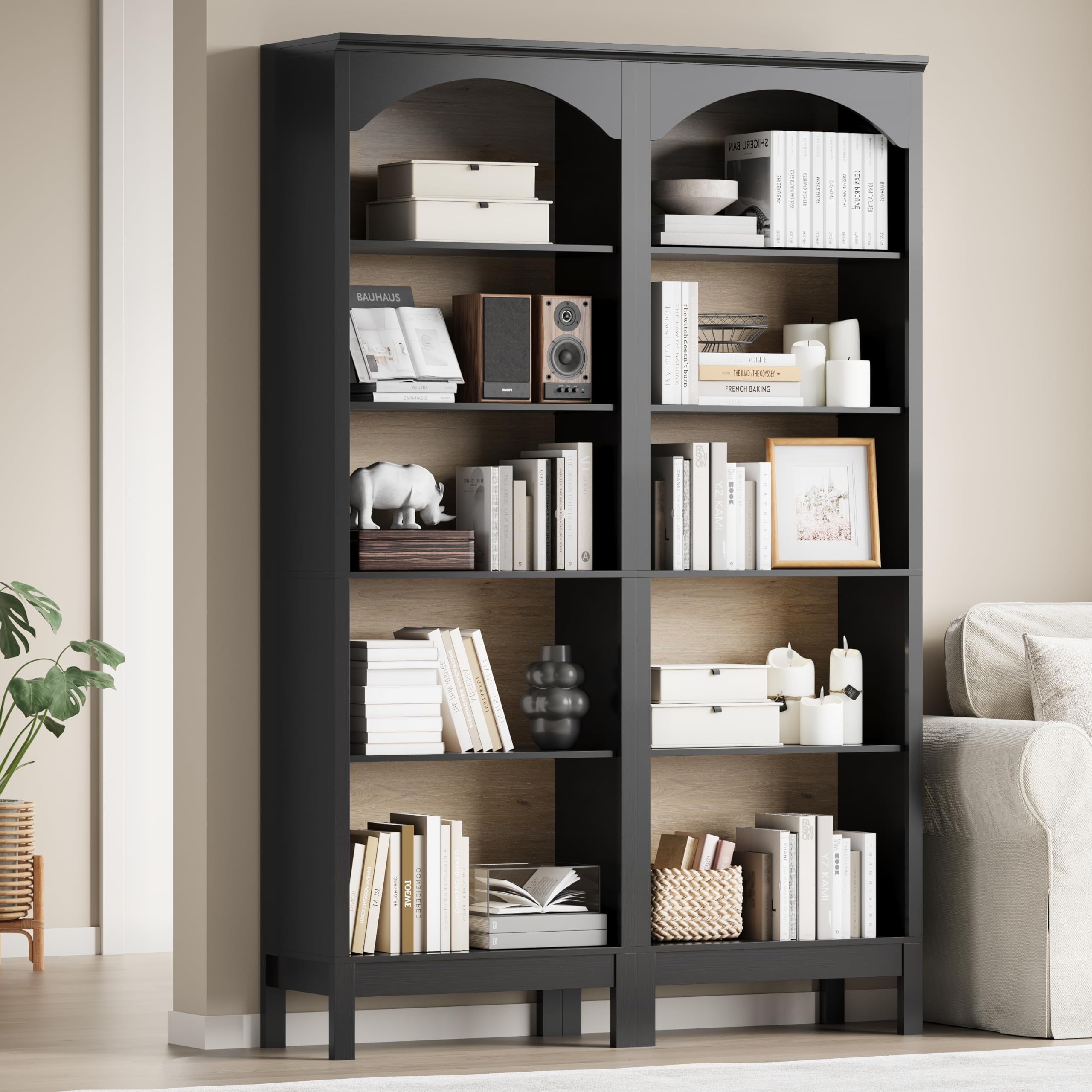 Arched Bookshelf Set of 2, 5 Tier Tall Bookcase with Adjustable Shelves