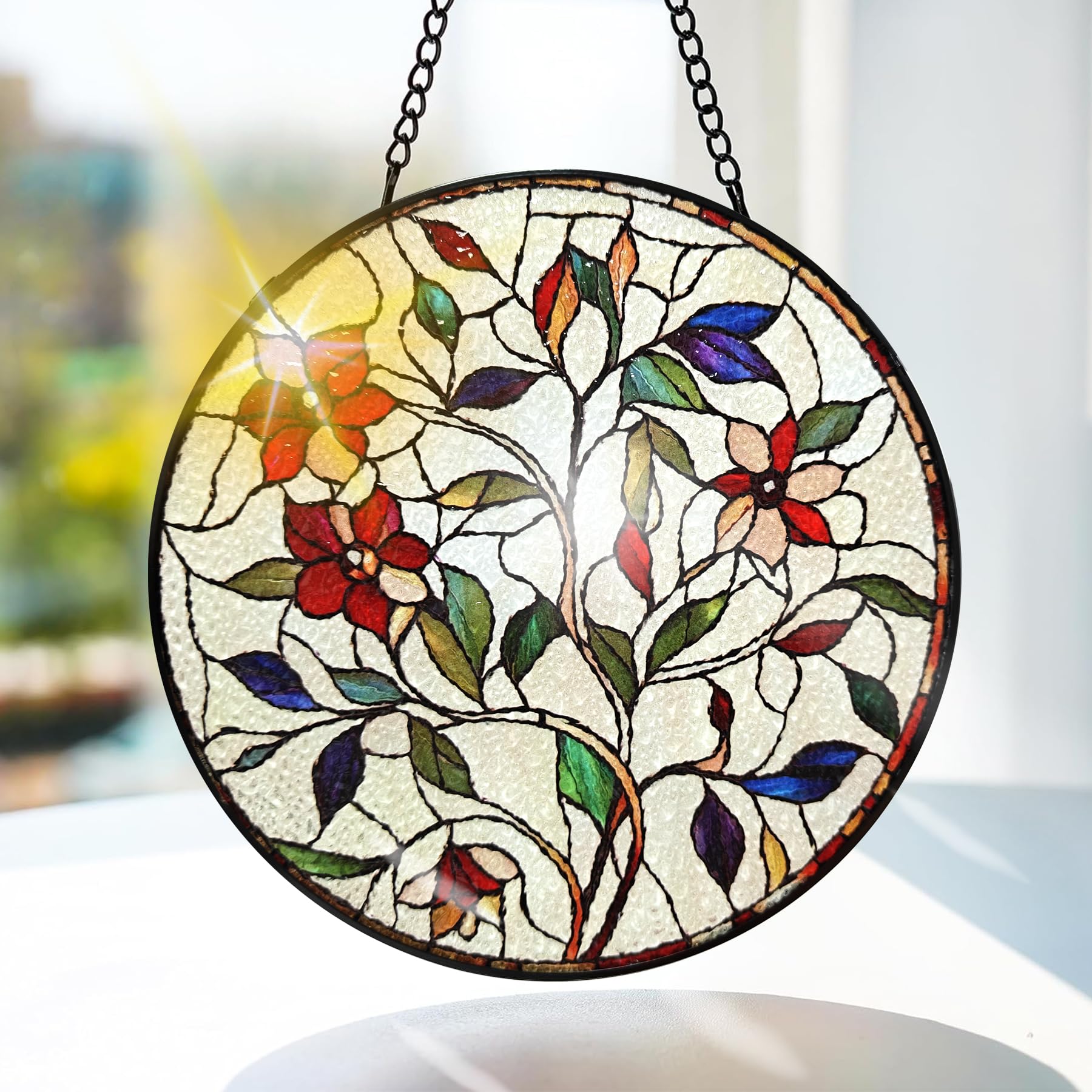 Bimkole Flower Stained Glass Suncatcher Window Hanging, Leaves Design for Indoor Window or Doorway Decoration