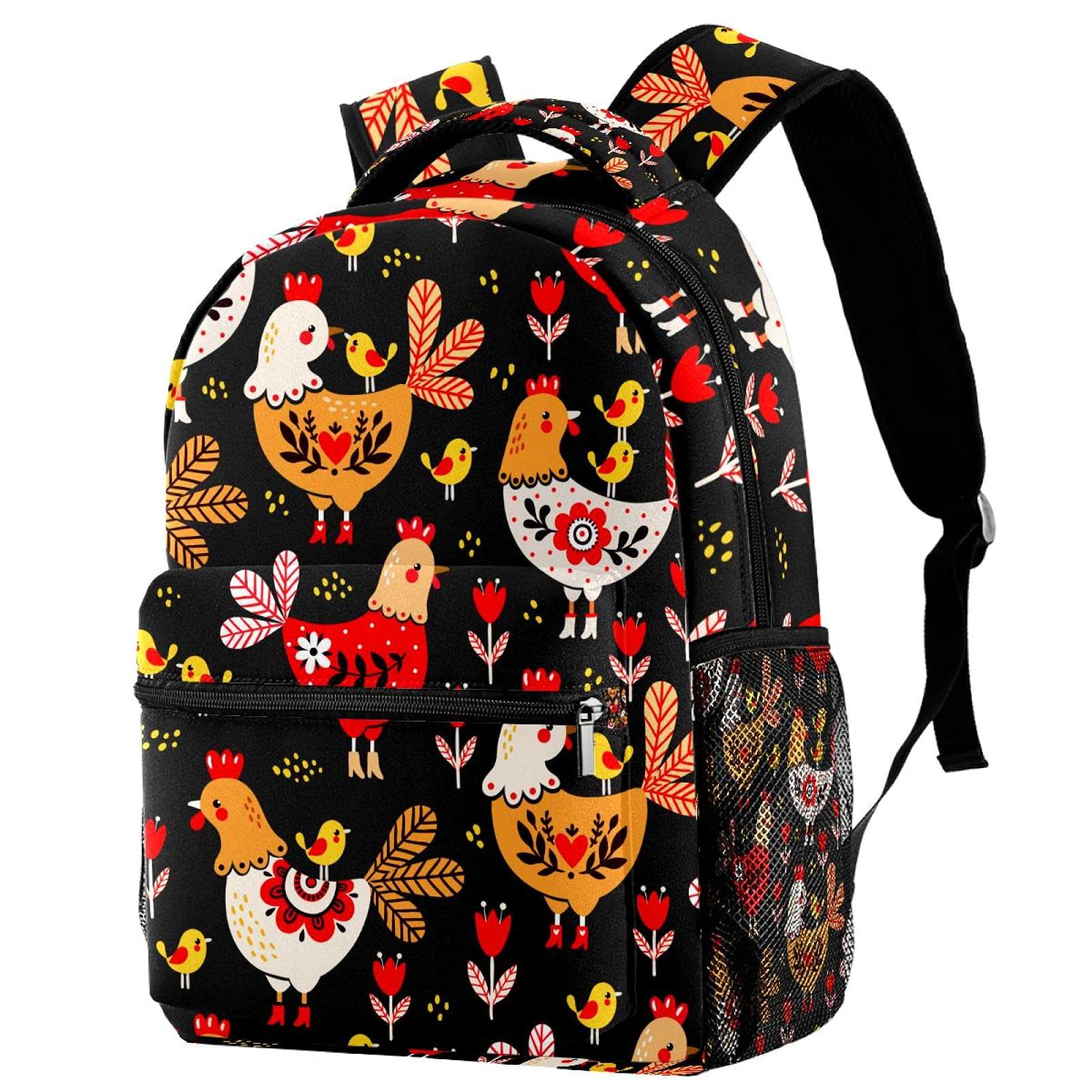 LORVIES Colorful Rooster Chicken Floral Pattern Lightweight School Classic Backpack Travel Rucksack for Girl Women Kids Teens