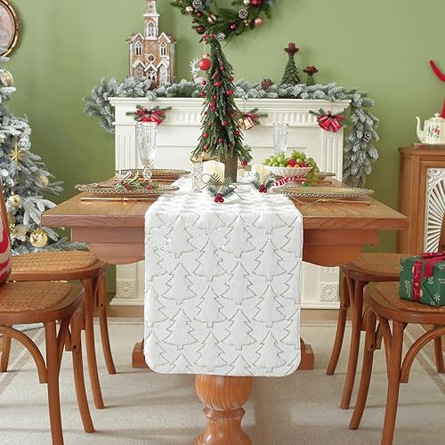 Miniatura 2 de Camino de mesa para árbol de Navidad, 90 pulgadas de largo, felpa con lentejuelas doradas con purpurina para comedor, fiestas, decoraciones de