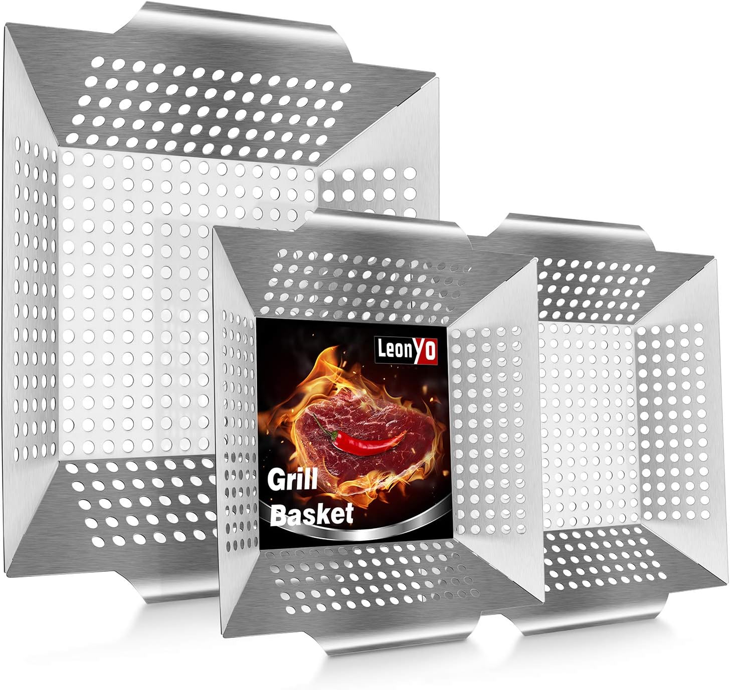 Leonyo 12" & 8" Grill Basket for Vegetables & Meat 3PCS