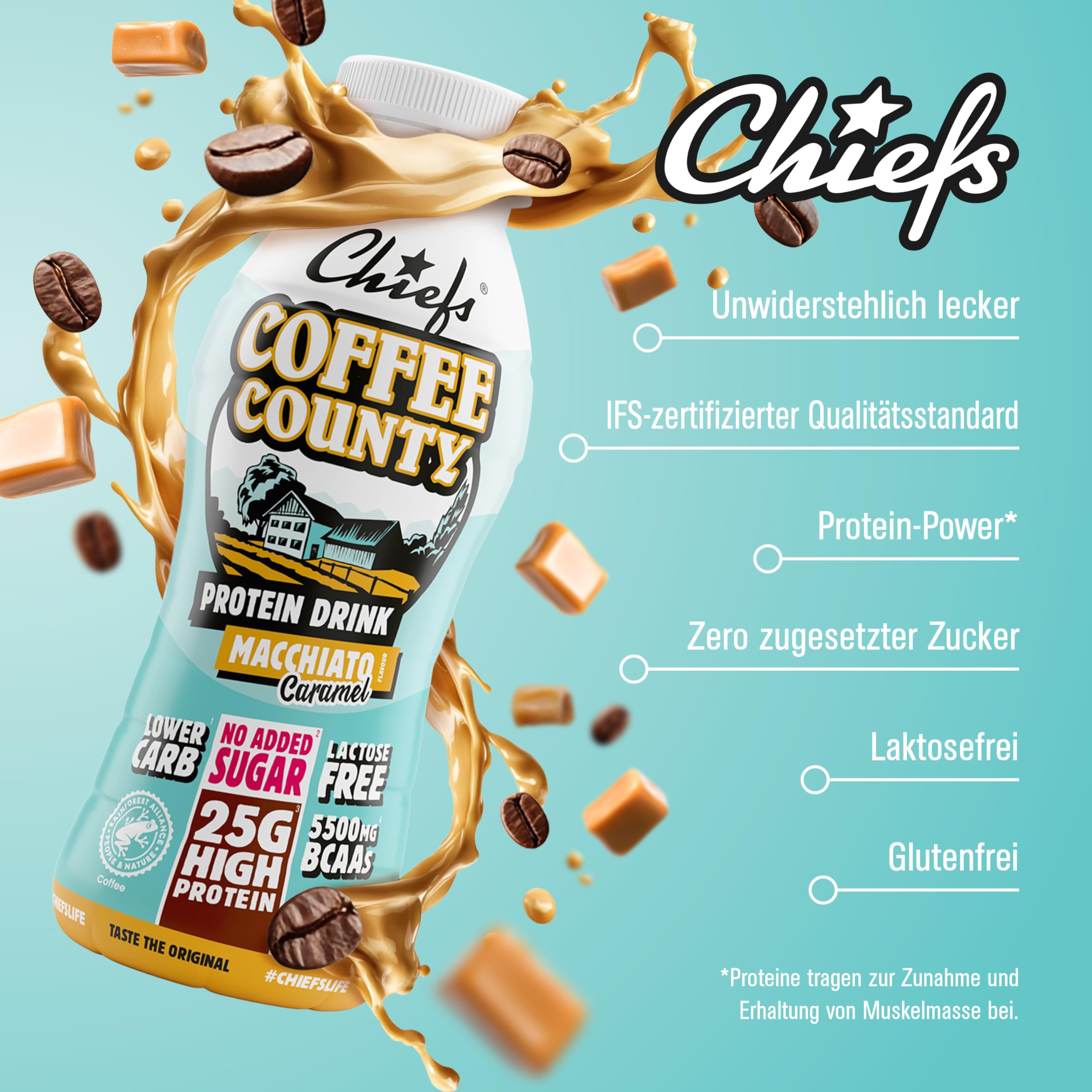 Chiefs High Protein Shake - Coffee - kein Zuckerzusatz & je 25 g Protein - Made in Austria, Laktosefrei - Protein Shake für Muskelaufbau, Lower Carb - 8x330ml Protein Drink mit Milcheiweiß