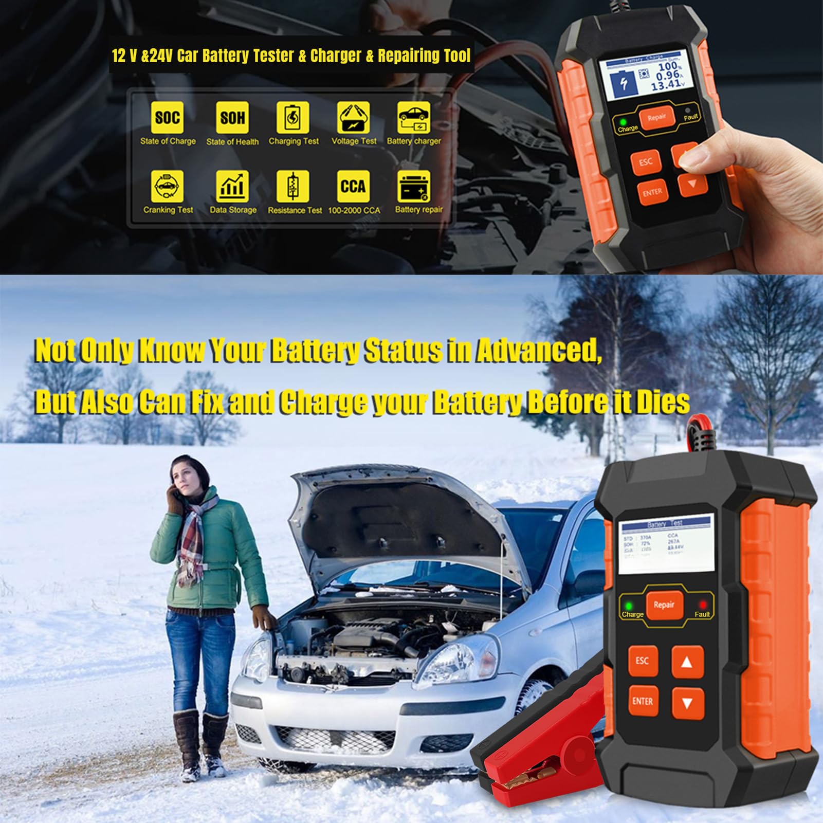 KW520 Tester akumulatora samochodowego 3 w 1 12 V 24 V ładowarka i narzędzie do naprawy skaner diagnostyczny z testem 100-2000CCA
