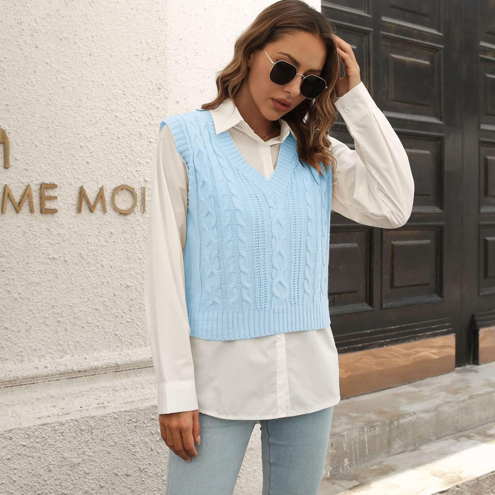 Gilet Maglione a Righe da Donna Classico Scollo a V Gilet Lavorato a Maglia a trecce Pullover Senza Maniche Canotte a Coste
