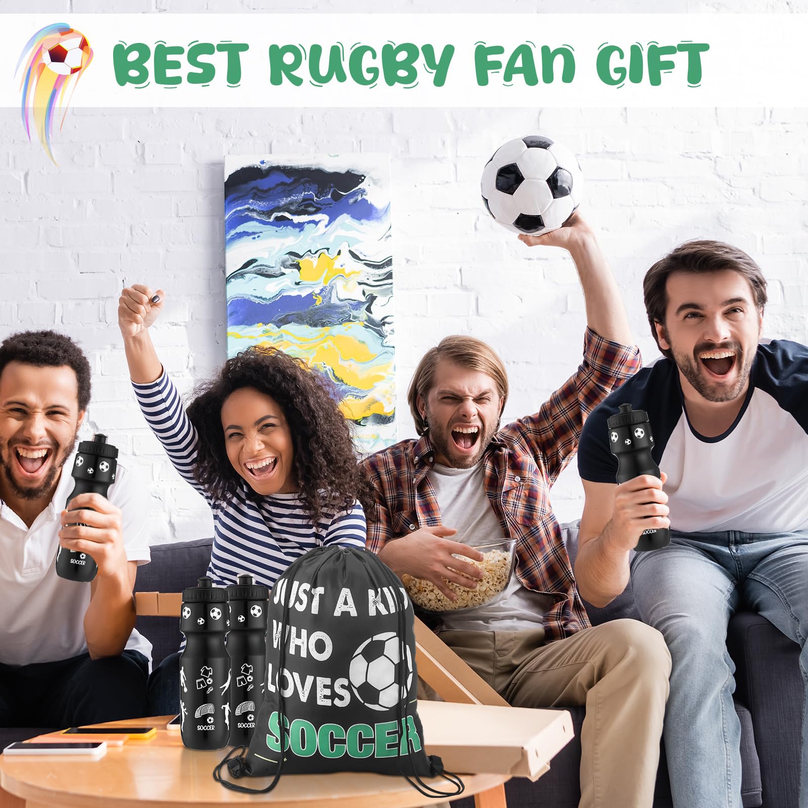 12 piezas de regalos de fiesta de fútbol de 24 onzas botella de agua de regalo de fútbol con bolsa de cordón, bolsas de regalo para equipos deportivos, decoración de cumpleaños 7