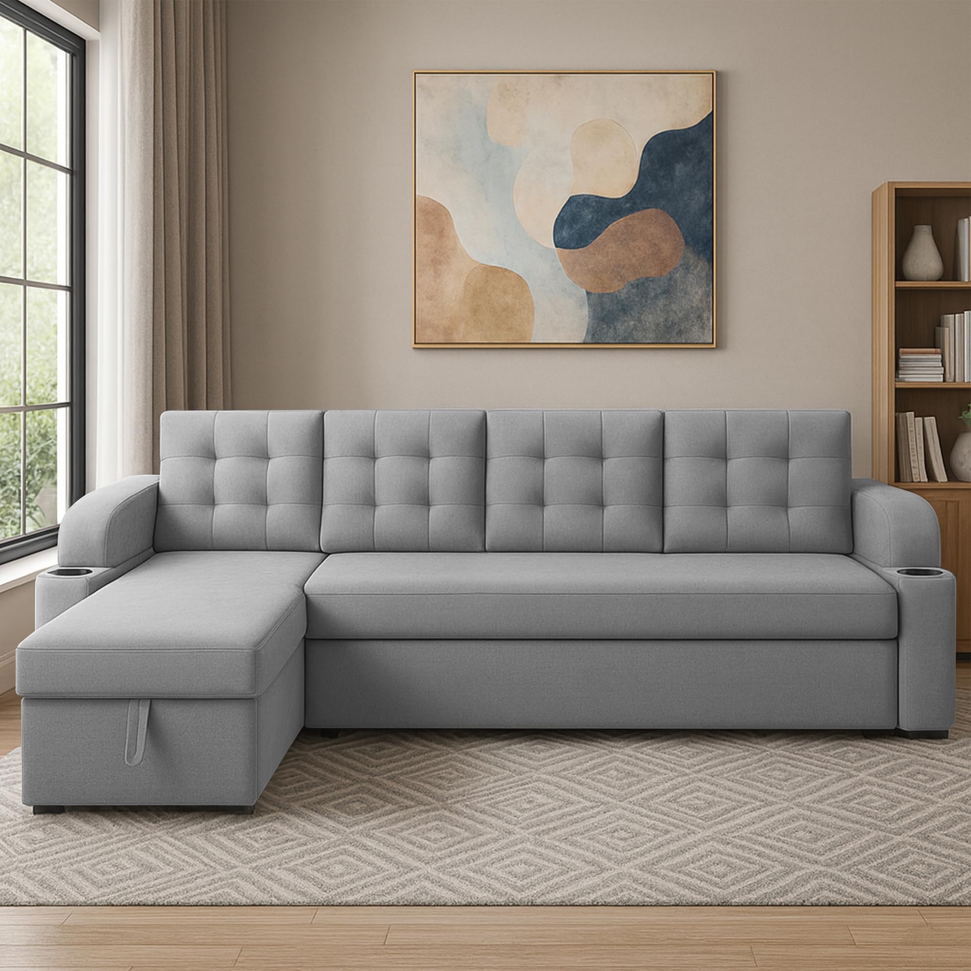 Grance LHS 6 Seater Corner Sofa Cum Bed for Living Room with Storage (Grey Fabric) Premium Fabric Sofa-image-25