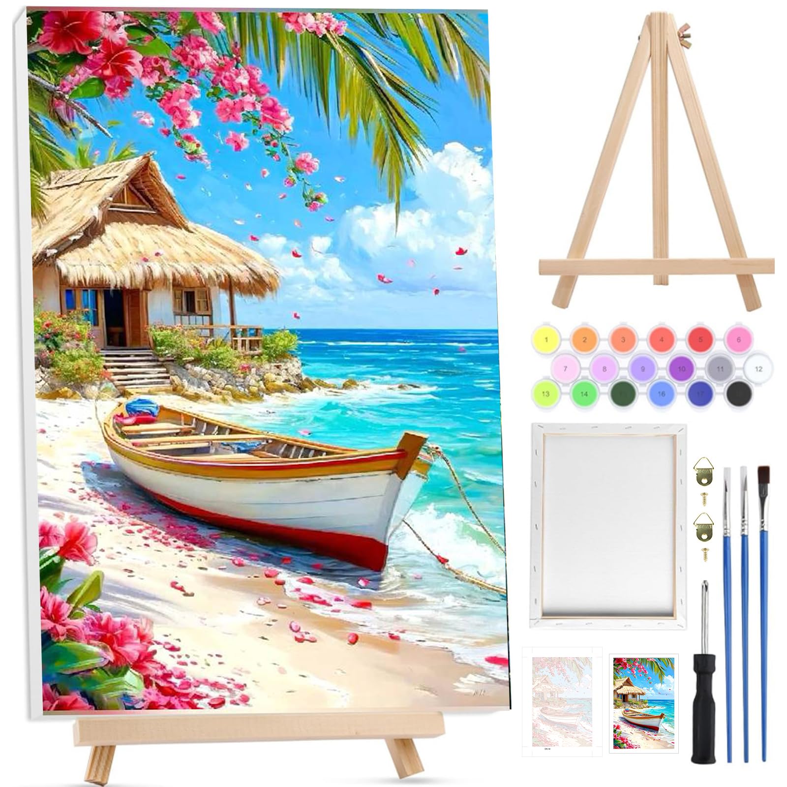Bowetile Ship Village Framed Paint by Numbers for Adults, Scenery Painting by Numbers Kit for Adults Beginners Canvas Kit, DIY Color Oil Painting Acrylic Paints for Home Wall Decor 20x30cm