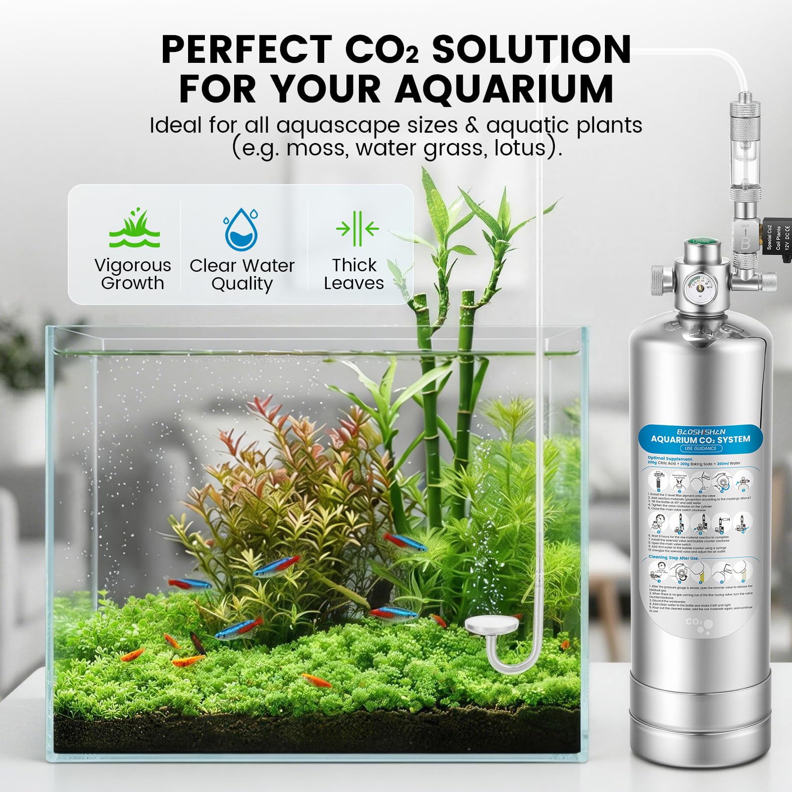 BAOSHISHAN Sistema de CO2 de acuario de 2 litros, generador de CO2 roscado externo mejorado antifugas, válvula solenoide de doble interruptor, kit de CO2 para plantas de acuario