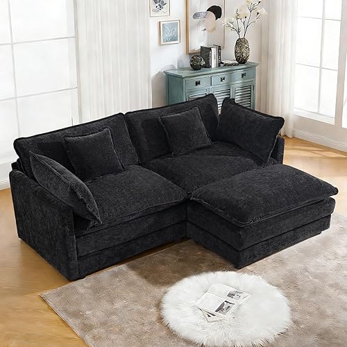GNIXUU Black Cloud Couch Loveseat with Ottoman,76.7" Modern Chenille Comfy Deep Seat Sectional Sofa, Upholstered Modular Sofa L Shaped Couch for Living Room, Apartment, Studio, Office
