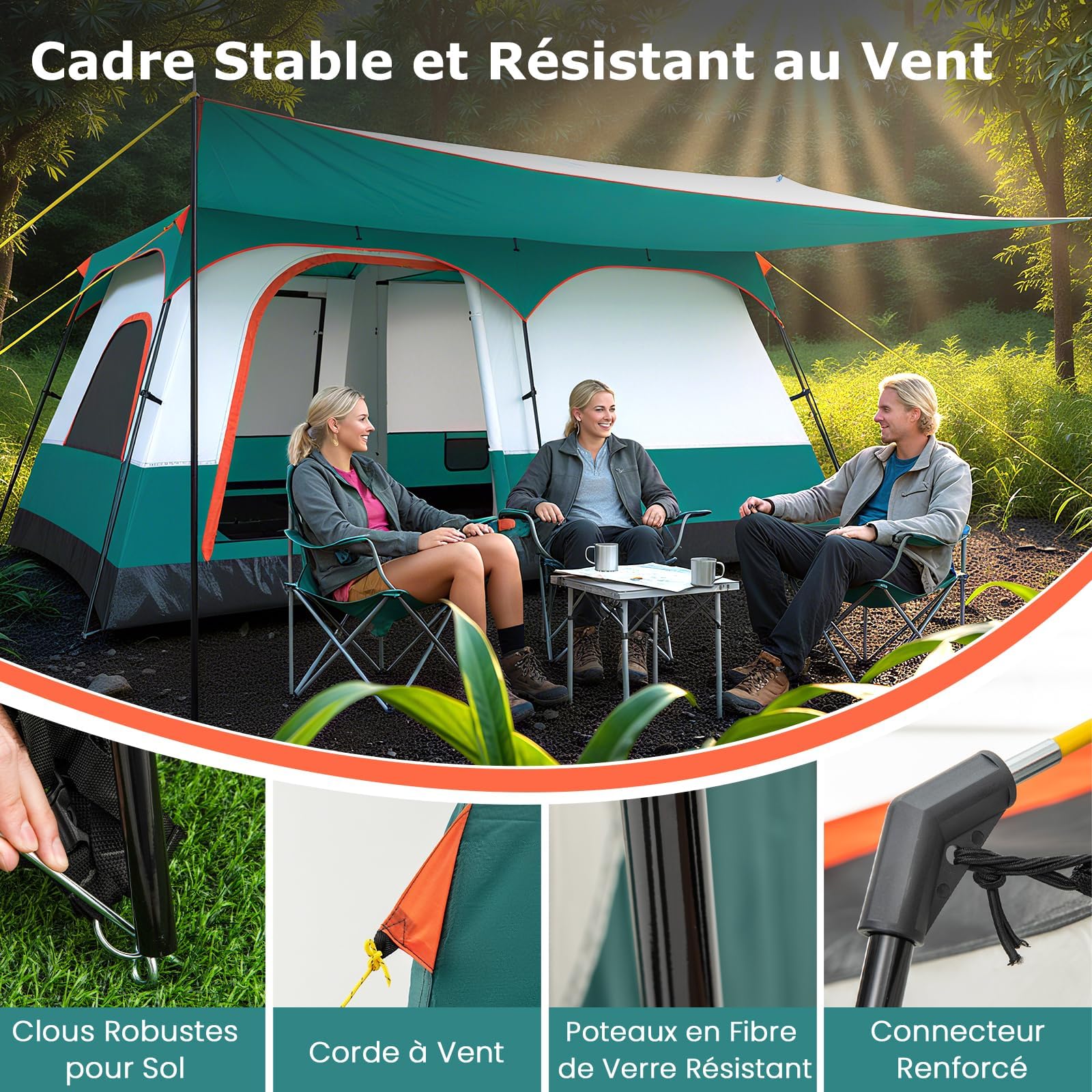 GYMAX Tente Camping Grande avec Auvent, 2 Chambres Séparées, Toit de Lucarne, Bâche Anti-Pluie Amovible, Portes et Fenêtres Enroulable, pour Extérieur Pique-Nique