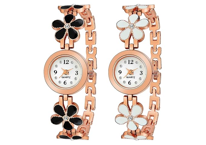 The Shopoholic White Dial Flower Combo Watch Set for Girls(Flower-B-W)