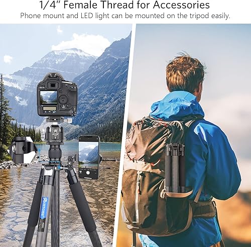 Miniatura 6 de Trípode de fibra de carbono con cabeza esférica de perfil bajo, tubo de carbono de 10 capas, trípode de viaje portátil resistente, 72.6 pulgadas -