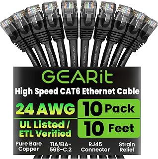 GEARit 10-Pack 10ft Cat6 Ethernet Cables - 10Gbps RJ45 Snagless Gold-Plated Patch Cables for PC, Router, TV - Black