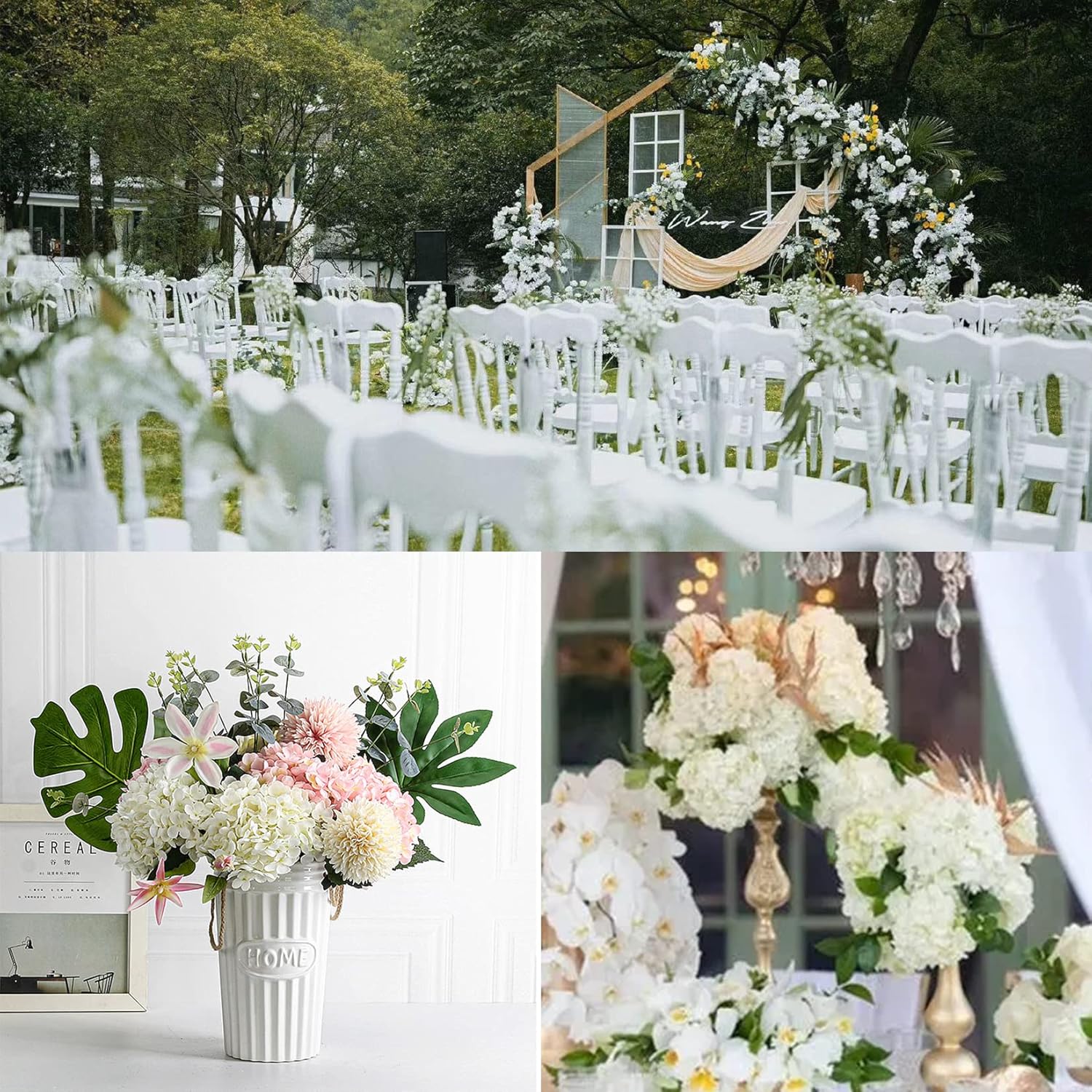 FagusHome Silk Hydrangea Heads 36 Pcs Artificial Flowers Heads and 3 Dozens Stems Fake Hydrangea Flowers with Stems for Home Wedding Decor (Pure White)