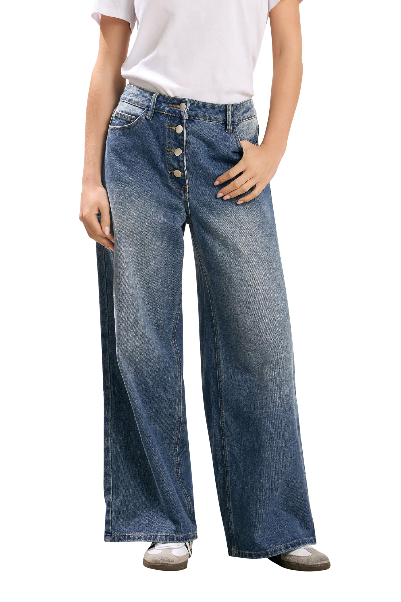 Pixiegirl Women's Mid Blue Petite Button Front Wide Leg Jeans In Small