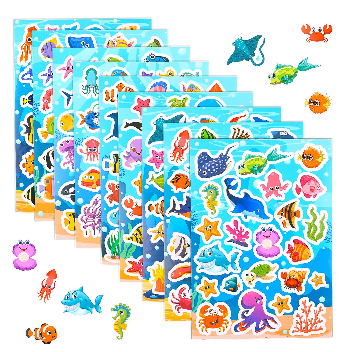 LOMIMOS 18 Sheets Ocean Animal Stickers, 414pcs Self-Adhesive Sea Creature Stickers for Kids Under The Sea World Ocean Animal Themed Party Supplies Bottles Fridges Suitcases