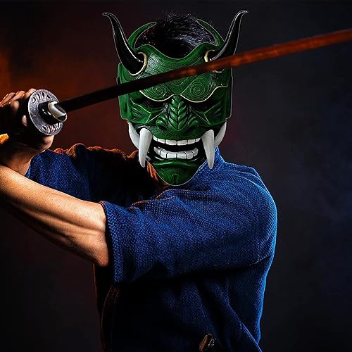 Miniatura 6 de PDLING Máscara japonesa de Halloween, samurái Hannya Oni, de látex, media cara, disfraz de demonio, cosplay, máscaras Airsoft para hombres (verde)