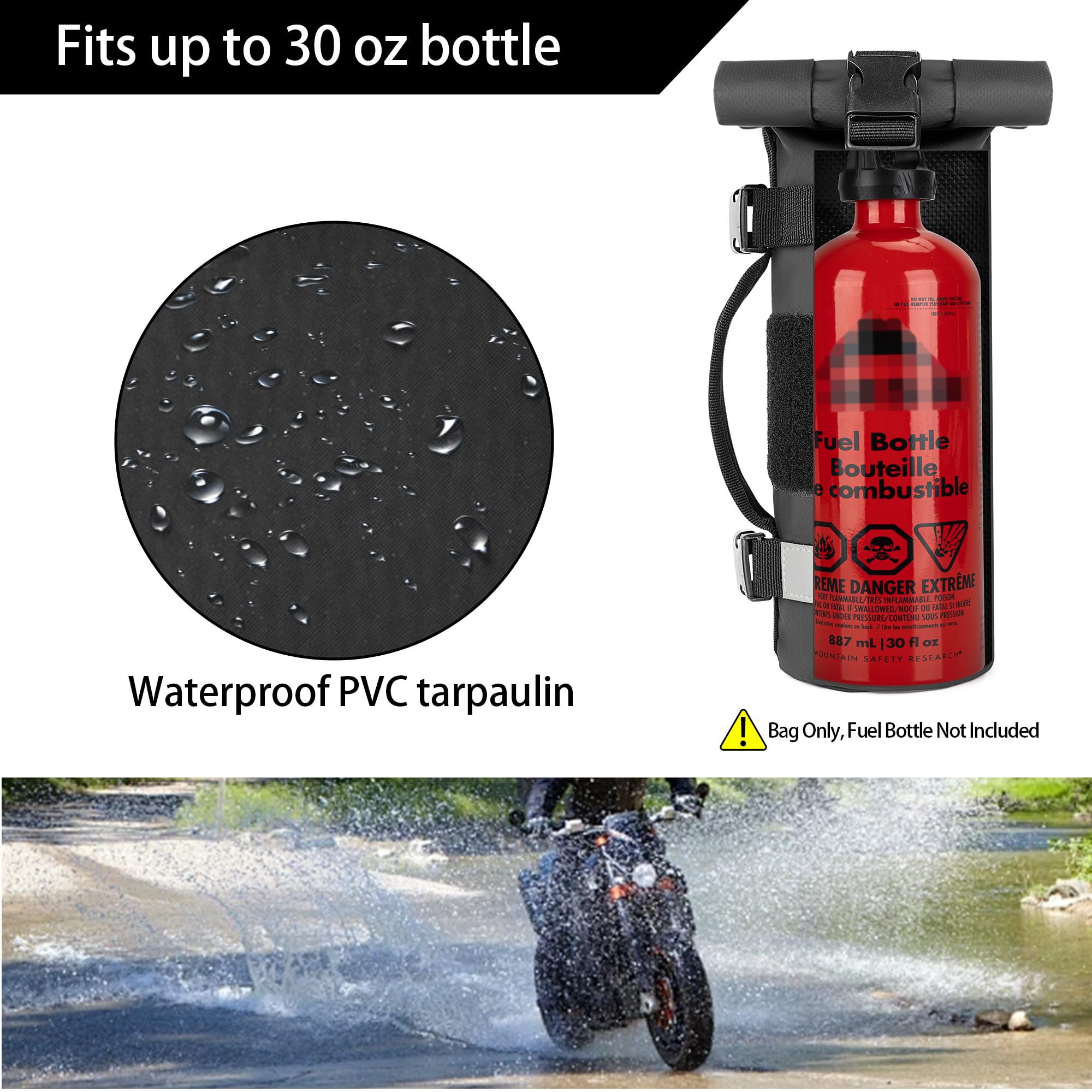Rexmica Uchwyt na butelkę paliwa do butelki paliwa 850 ml, torba na butelkę paliwa pasuje do montażu na motocyklu lub na plecaku MOLLE, czarny (opatentowana konstrukcja), CARM01001