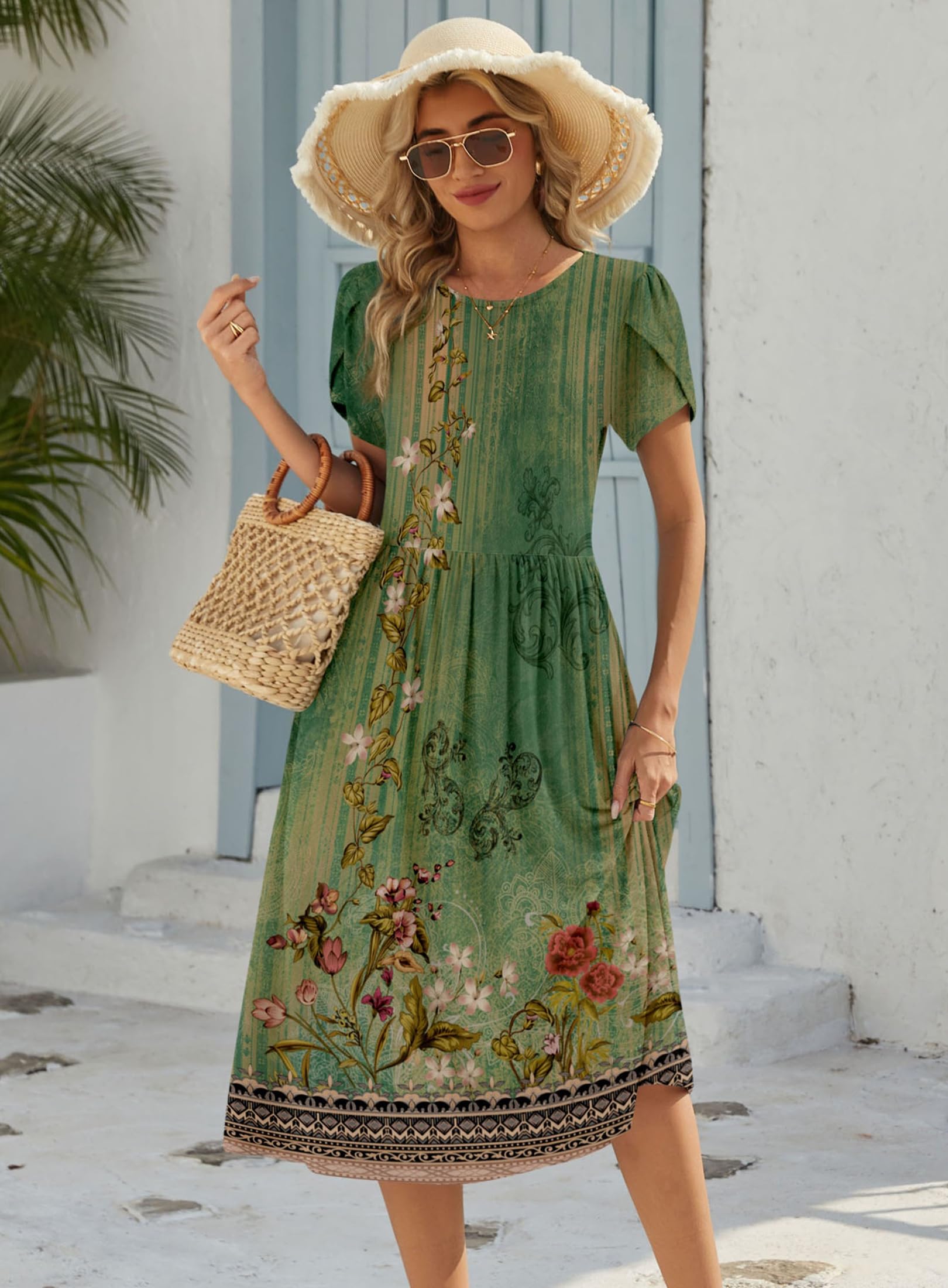 Zeagoo Vestido de verano de manga corta para mujer, con bolsillos, casual, acampanado, holgado, vestido de camiseta floral, vestido de playa